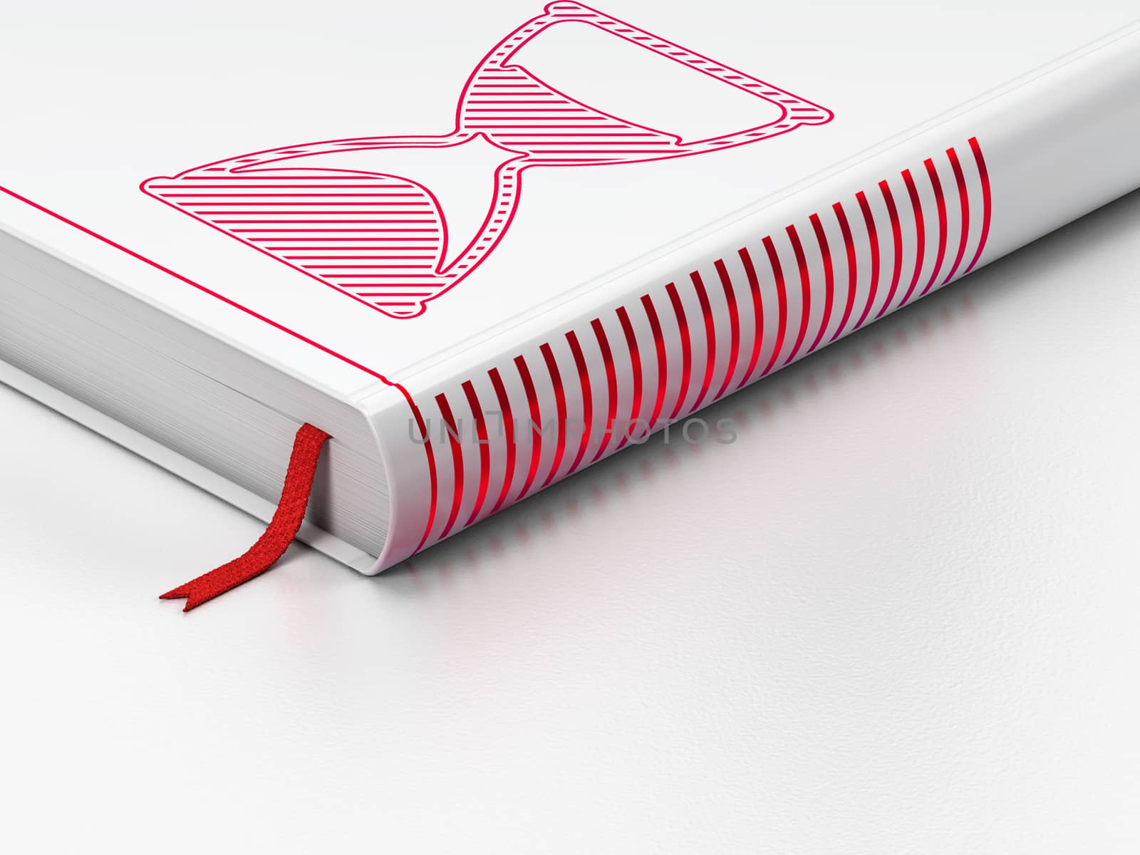 Timeline concept: closed book with Red Hourglass icon on floor, white background, 3d render