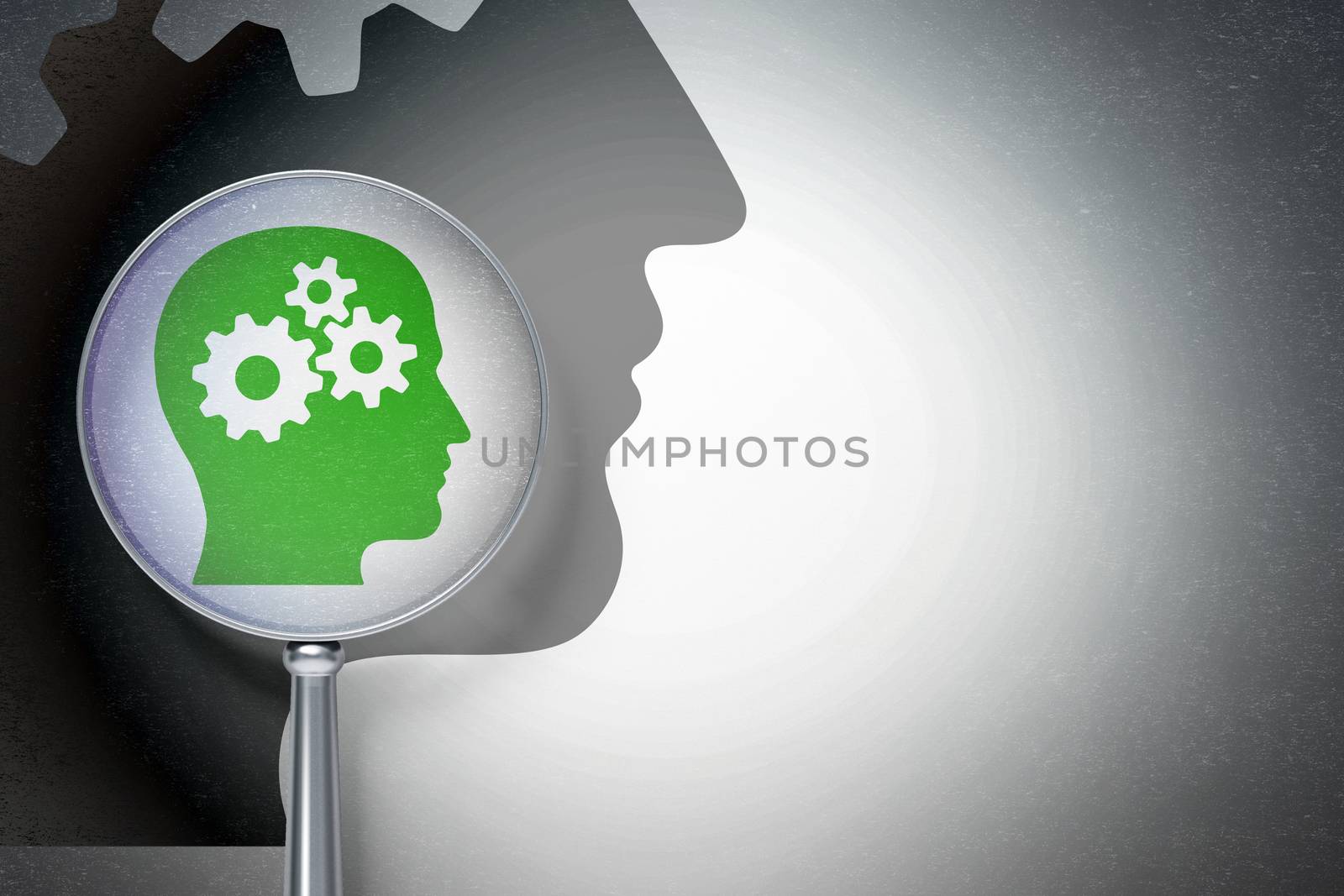Advertising concept:  Head With Gears with optical glass on digital background by maxkabakov