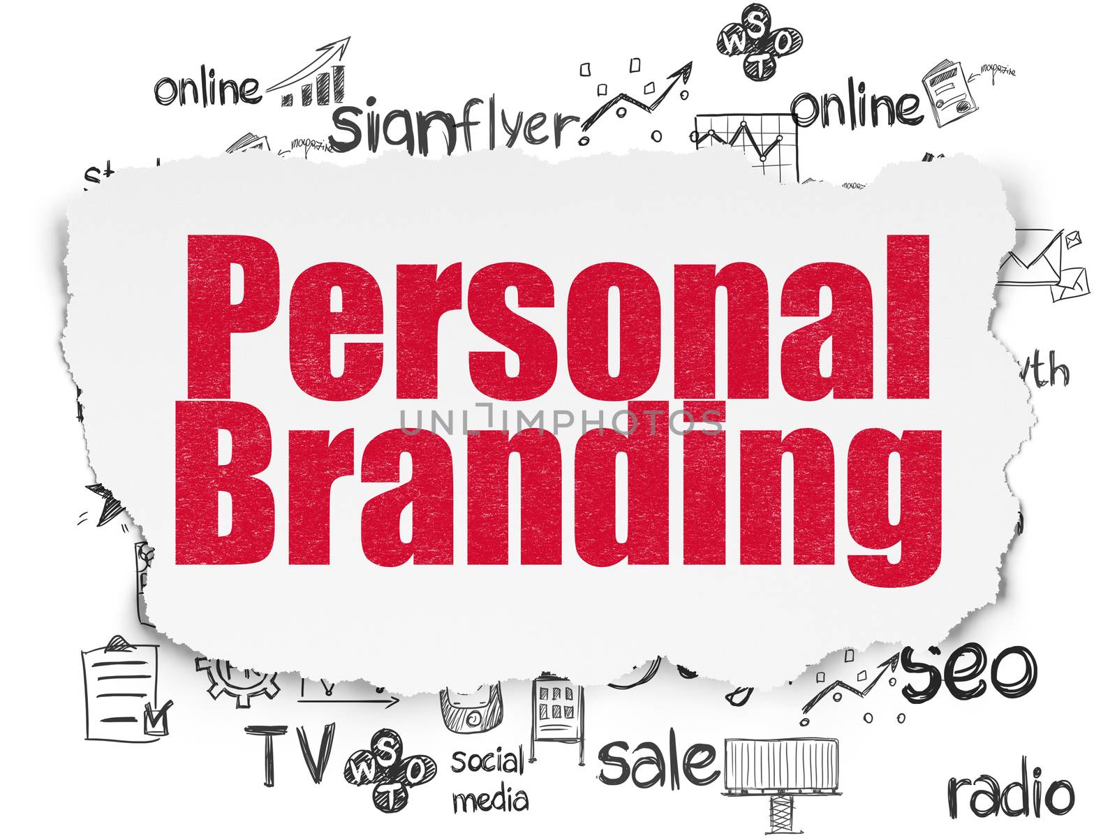 Advertising concept: Painted red text Personal Branding on Torn Paper background with  Hand Drawn Marketing Icons