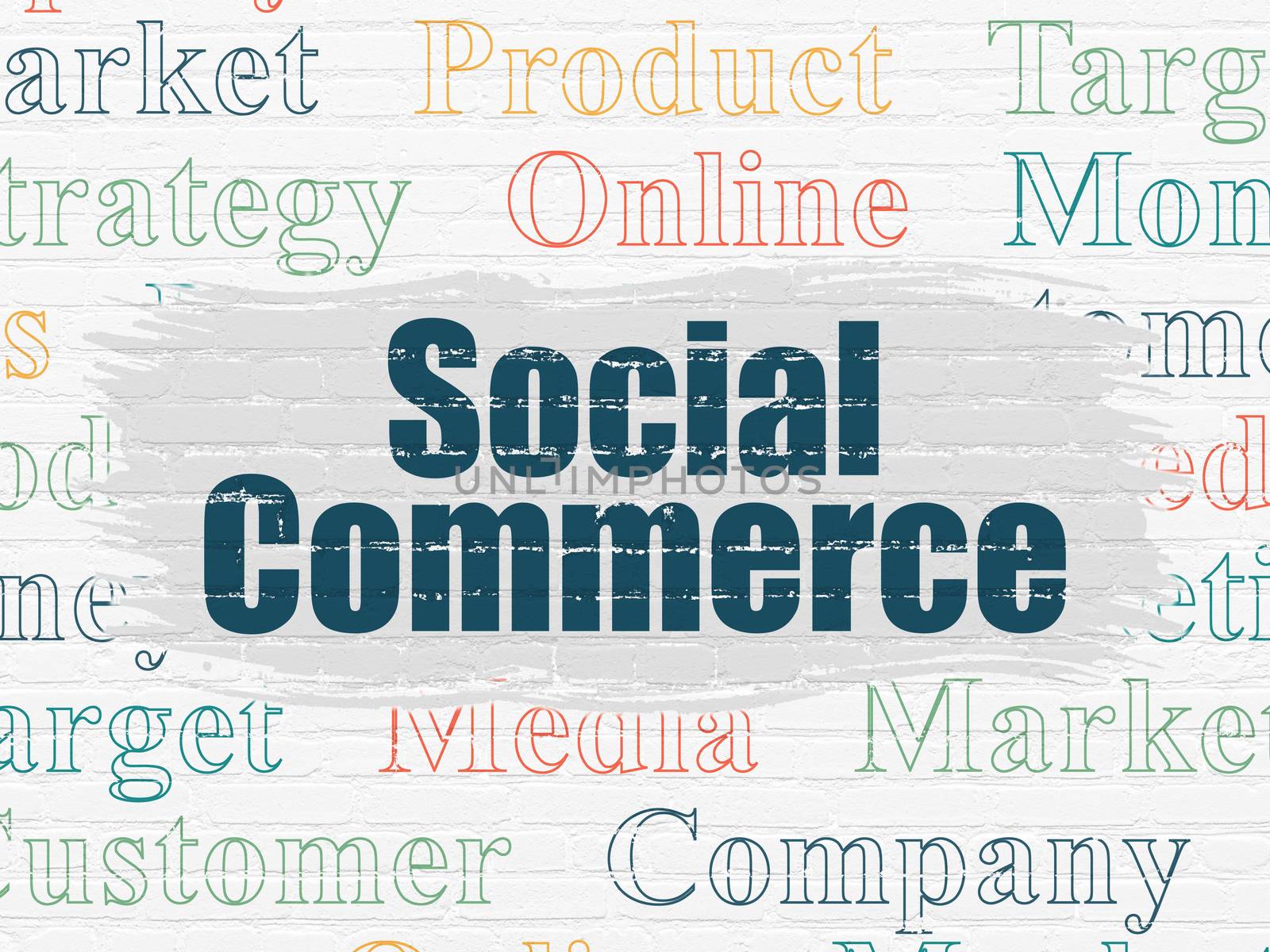 Advertising concept: Painted blue text Social Commerce on White Brick wall background with  Tag Cloud