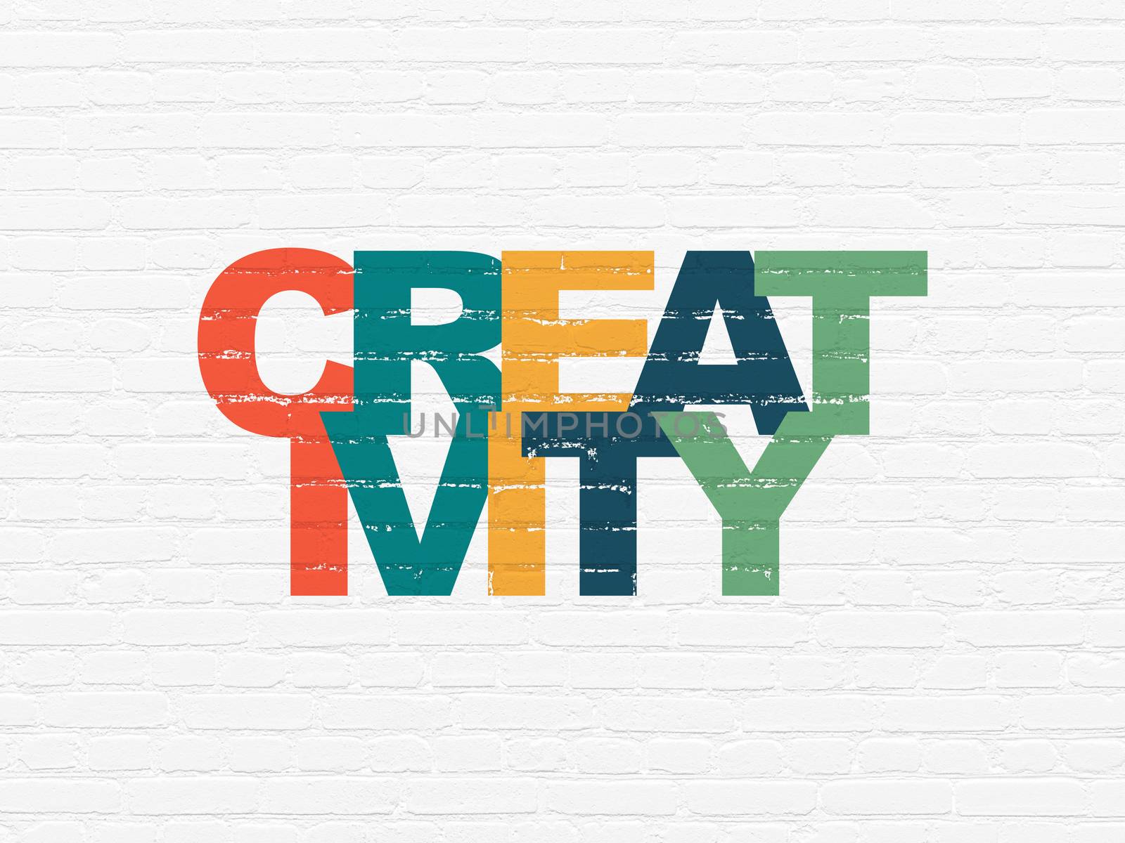 Marketing concept: Painted multicolor text Creativity on White Brick wall background