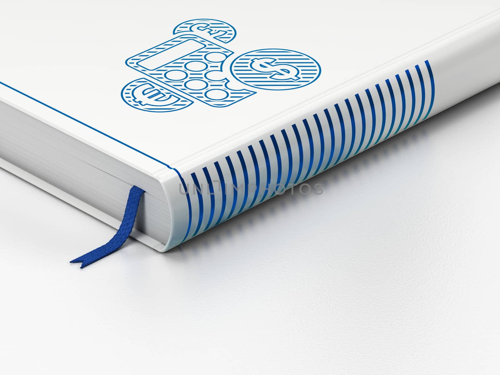 Advertising concept: closed book with Blue Calculator icon on floor, white background, 3d render