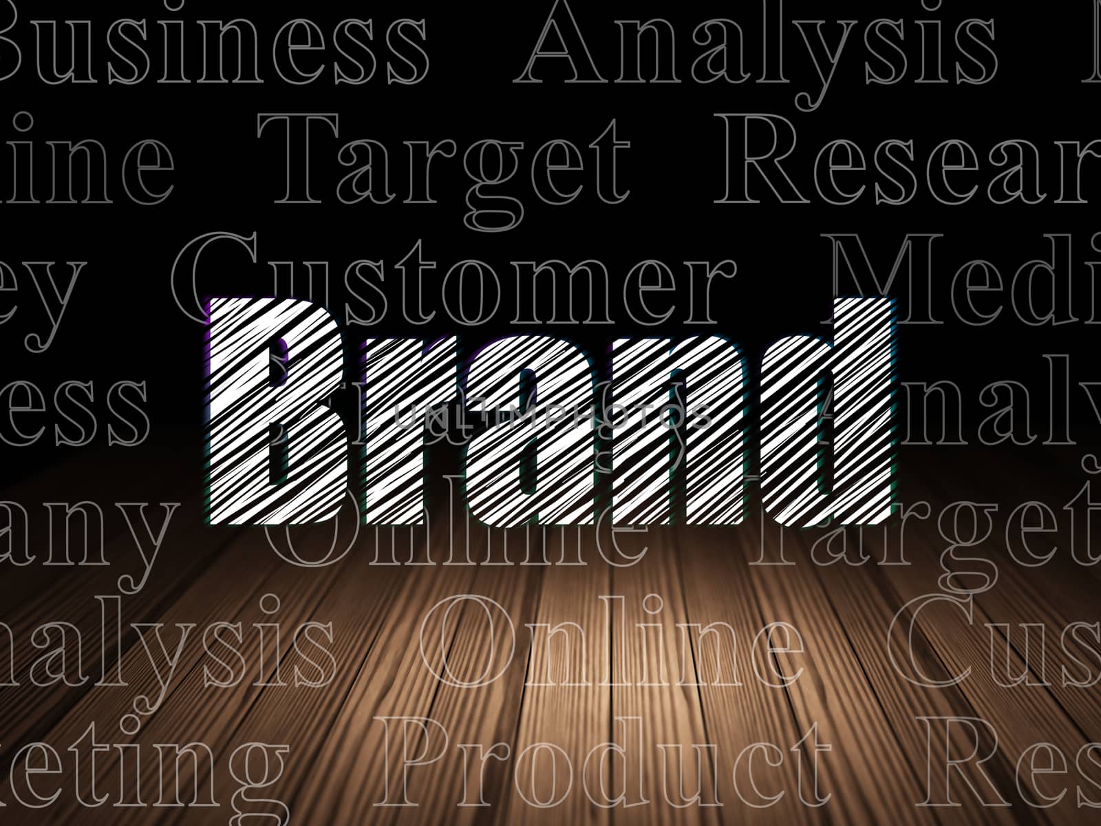 Advertising concept: Glowing text Brand in grunge dark room with Wooden Floor, black background with  Tag Cloud