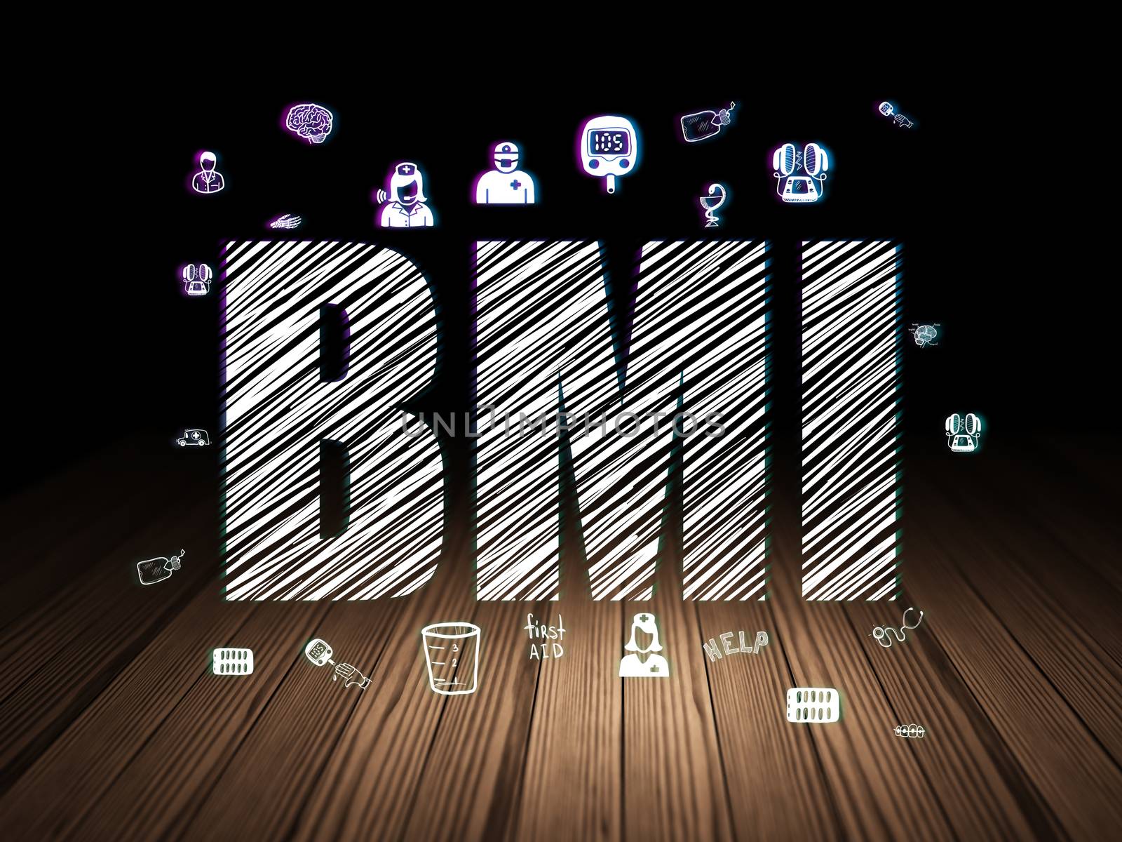 Healthcare concept: Glowing text BMI,  Hand Drawn Medicine Icons in grunge dark room with Wooden Floor, black background
