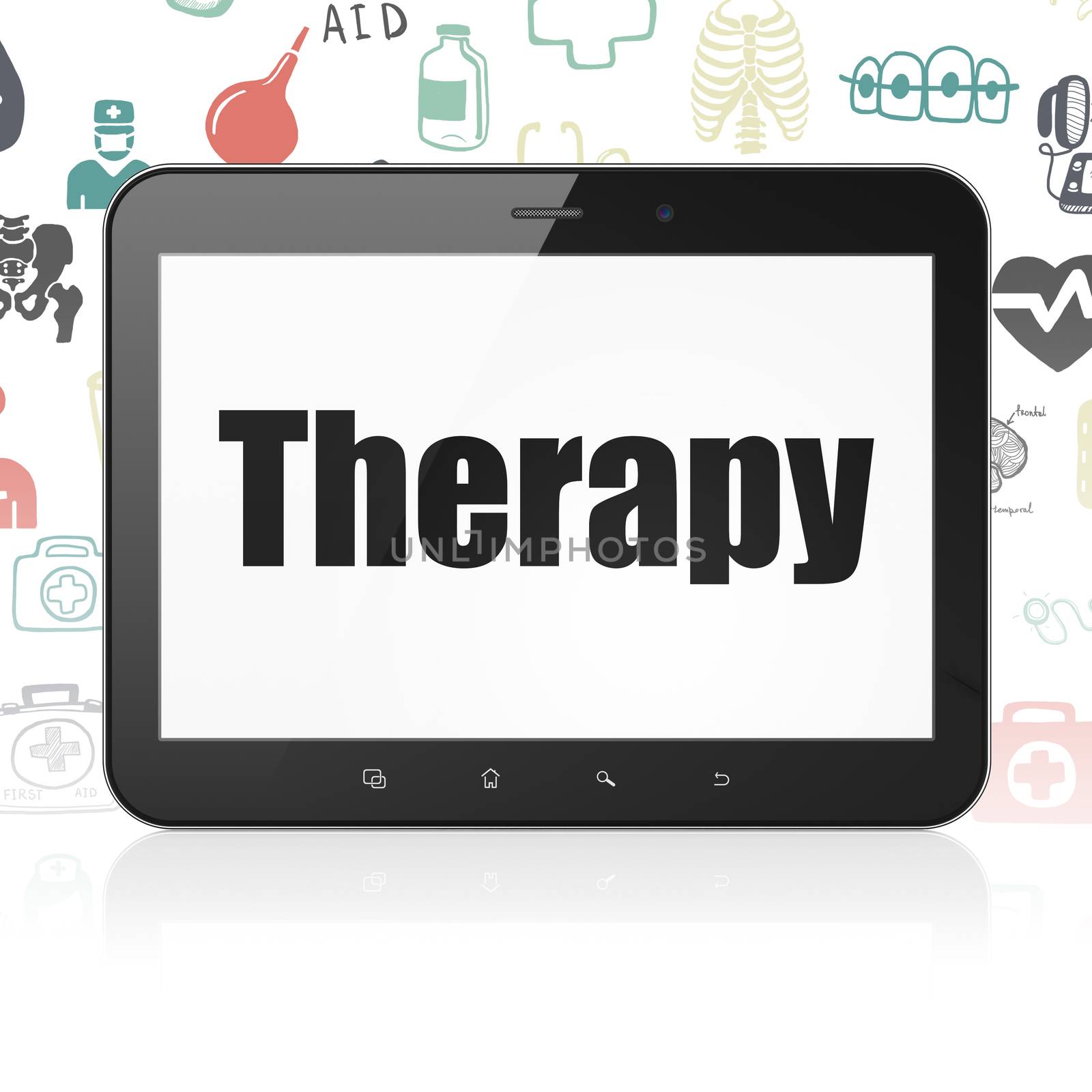 Medicine concept: Tablet Computer with  black text Therapy on display,  Hand Drawn Medicine Icons background