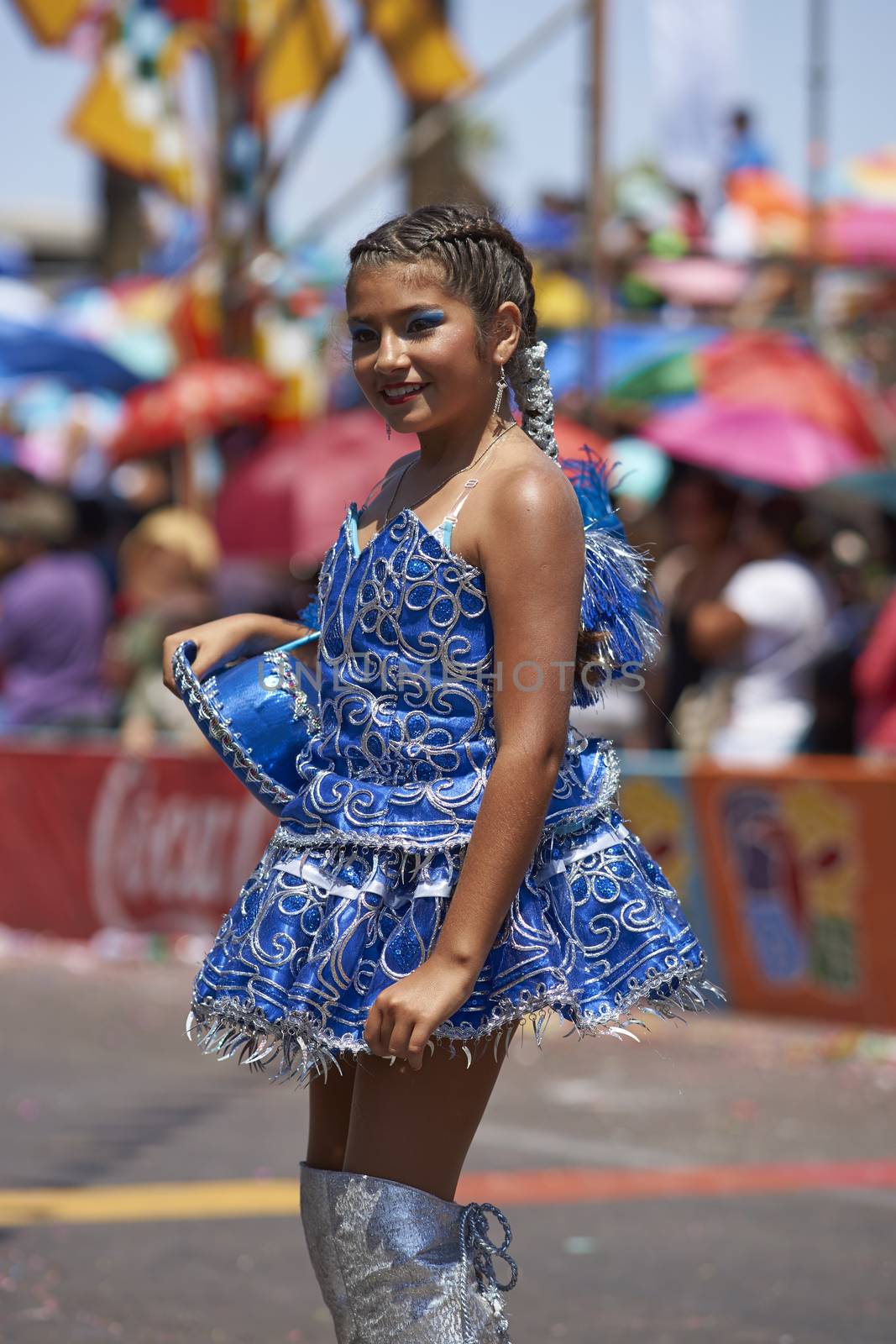 Morenada dancers in traditional Andean costume performing at the annual Carnaval Andino con la Fuerza del Sol in Arica, Chile.