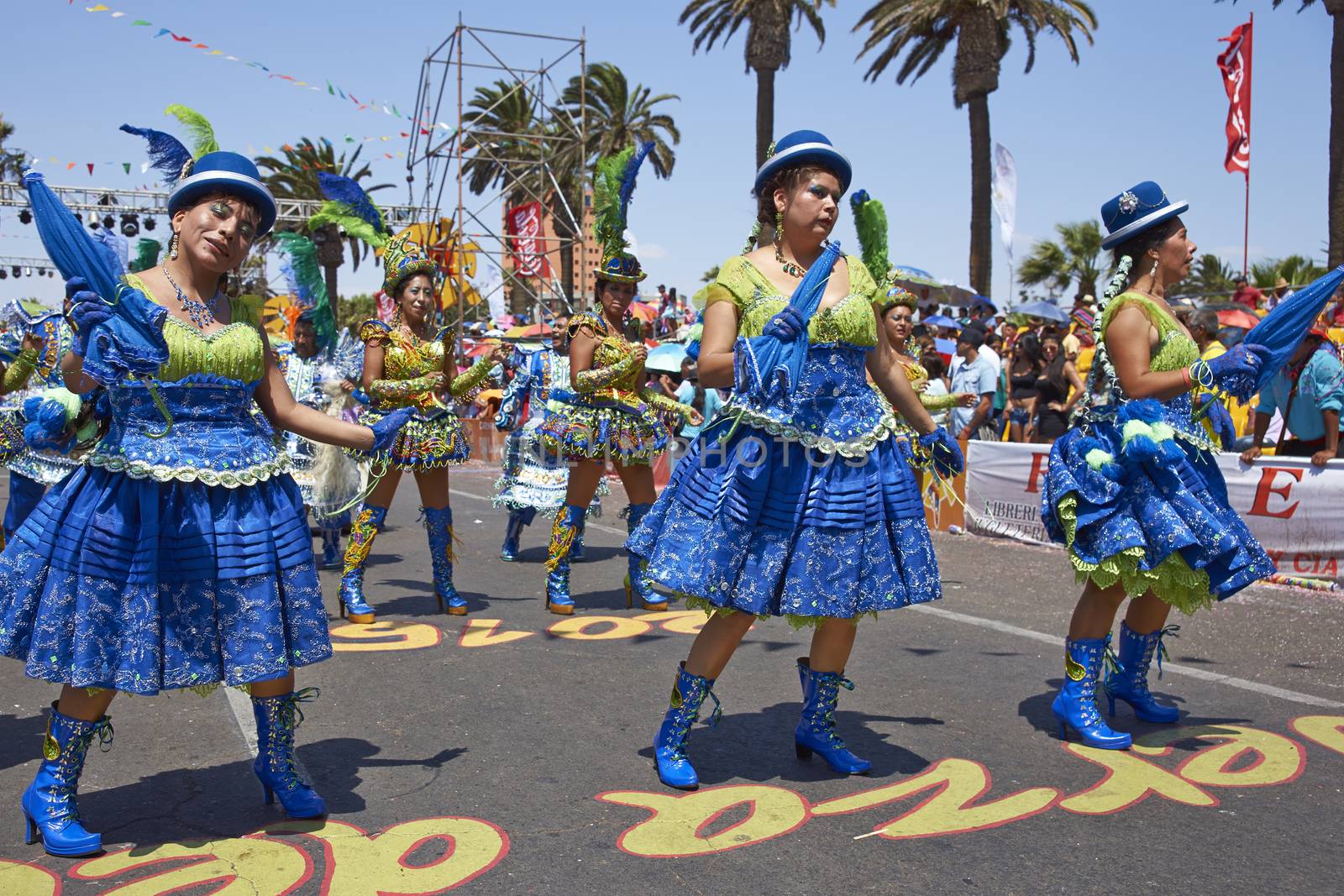 Morenada dancers in traditional Andean costume performing at the annual Carnaval Andino con la Fuerza del Sol in Arica, Chile.