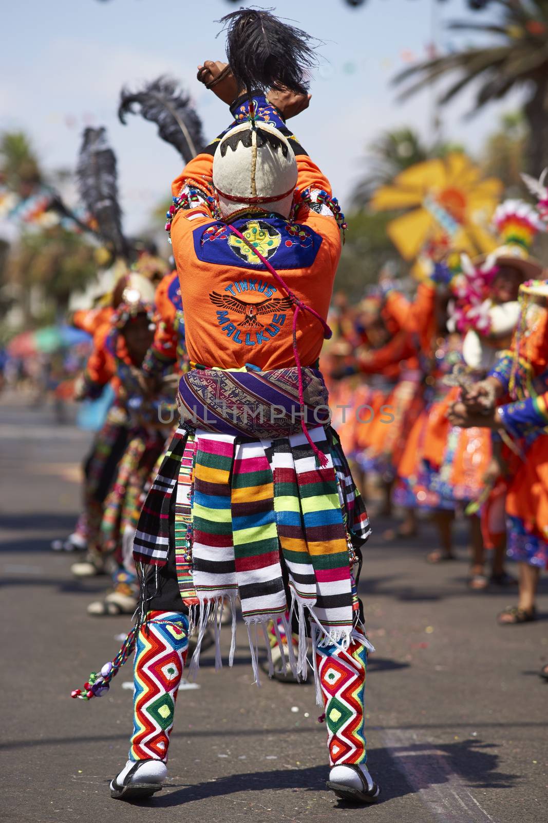 Tinku dancing group in colourful costumes performing a traditional ritual dance as part of the Carnaval Andino con la Fuerza del Sol in Arica, Chile.