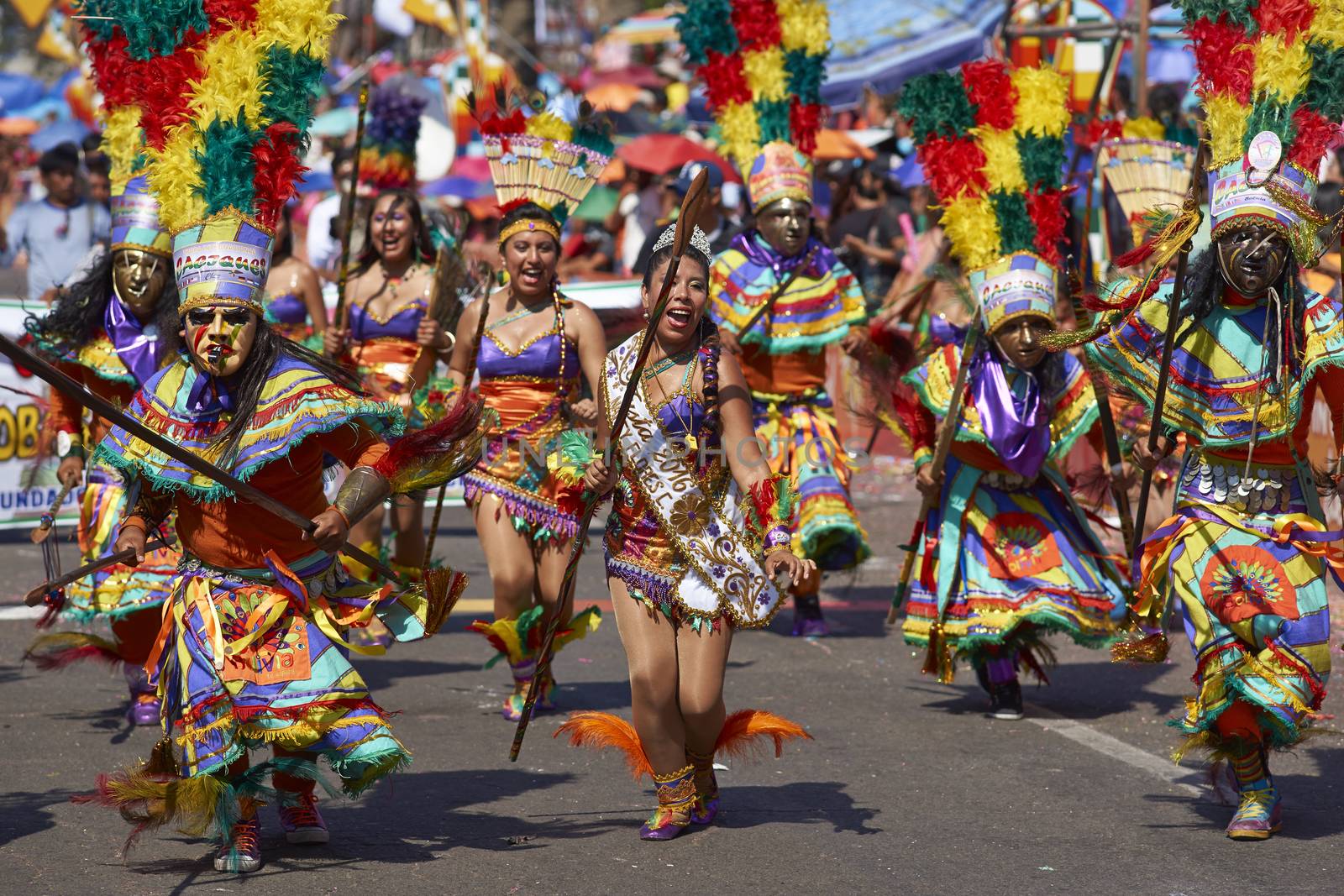 Tobas dance group in traditional Andean costumes performing at the annual Carnaval Andino con la Fuerza del Sol in Arica, Chile.