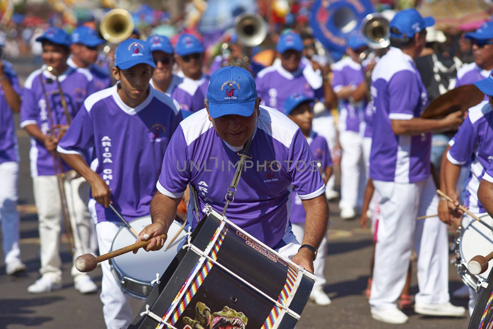 Band of a Caporales dance group at the Carnaval Andino con la Fuerza del Sol in Arica, Chile.