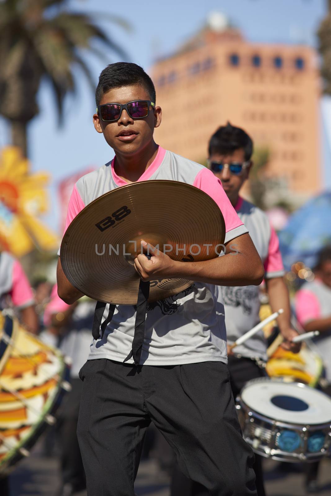 Band of a Caporales dance group at the Carnaval Andino con la Fuerza del Sol in Arica, Chile.