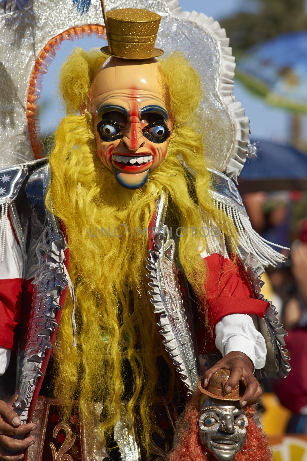 ARICA, CHILE - JANUARY 24, 2016: Morenada dancers in traditional Andean costume performing at the annual Carnaval Andino con la Fuerza del Sol in Arica, Chile.