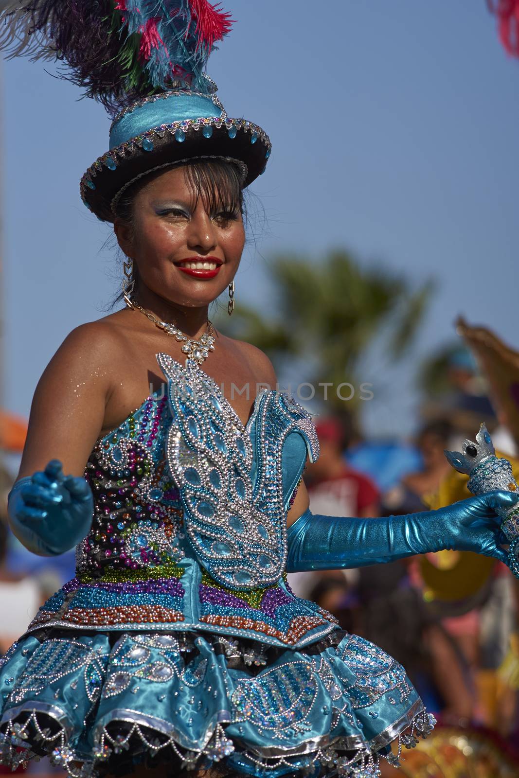 Morenada dancers in traditional Andean costume performing at the annual Carnaval Andino con la Fuerza del Sol in Arica, Chile.