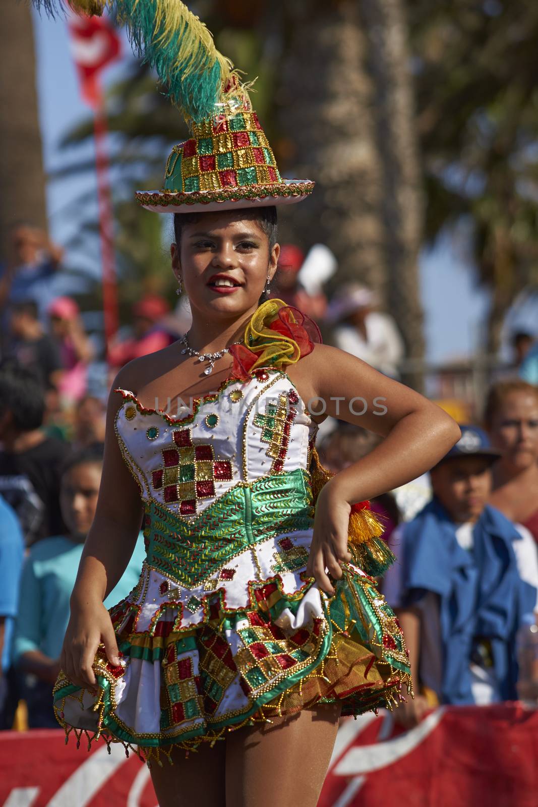 Morenada dancers in traditional Andean costume performing at the annual Carnaval Andino con la Fuerza del Sol in Arica, Chile.