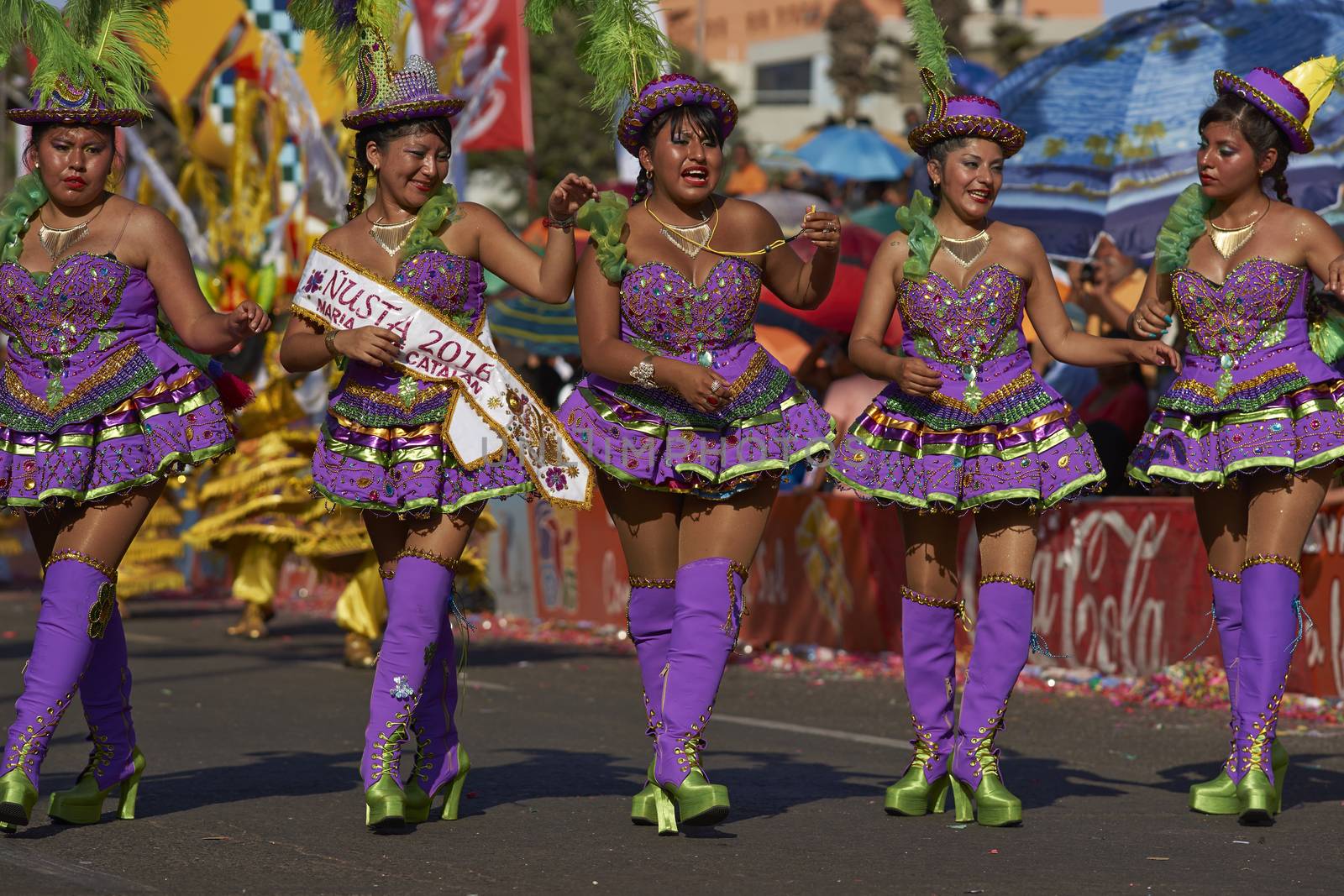 Morenada dancers in traditional Andean costume performing at the annual Carnaval Andino con la Fuerza del Sol in Arica, Chile.