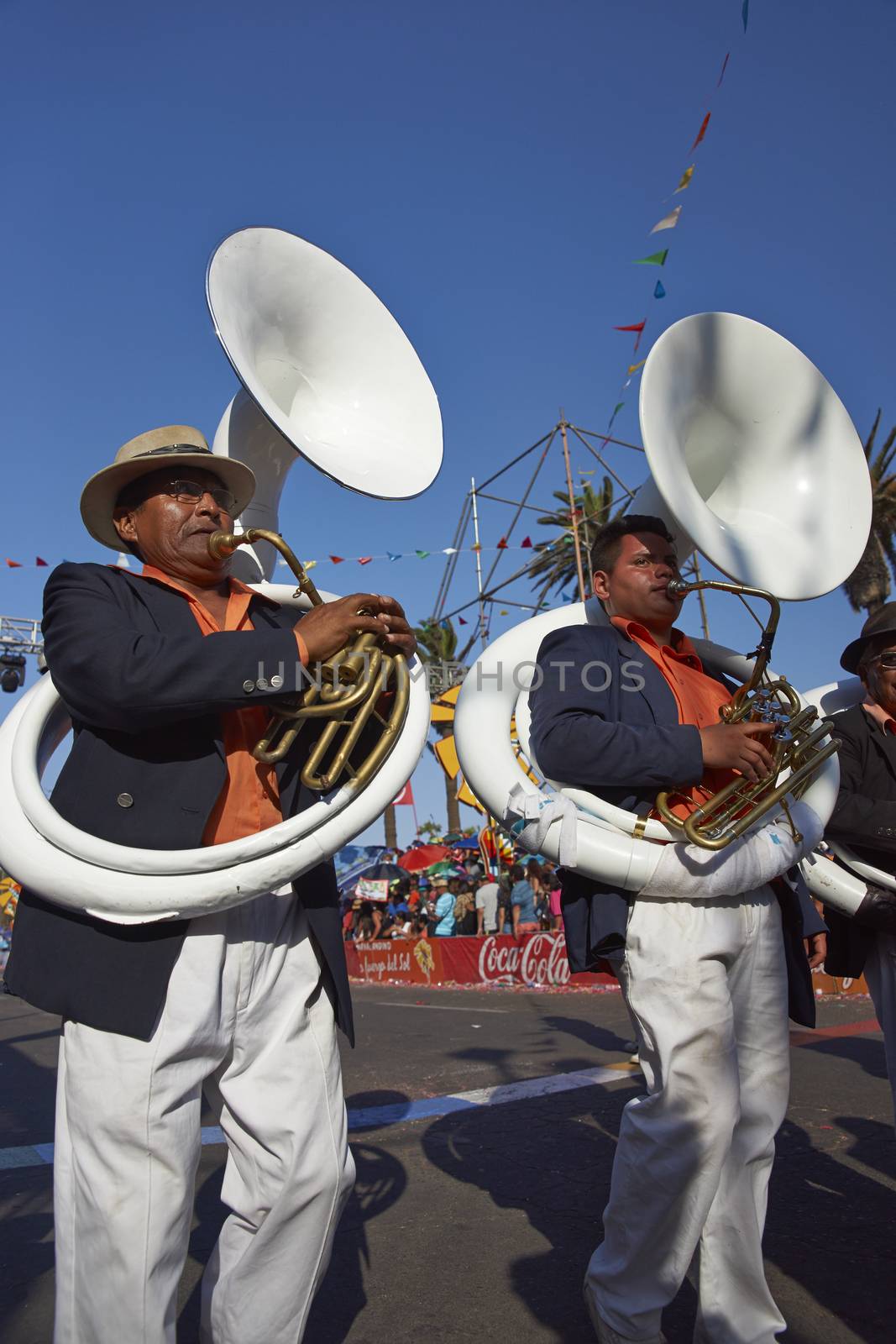 Band of a Morenada dance group at the Carnaval Andino con la Fuerza del Sol in Arica, Chile. The dance originates in Oruro, Bolivia.