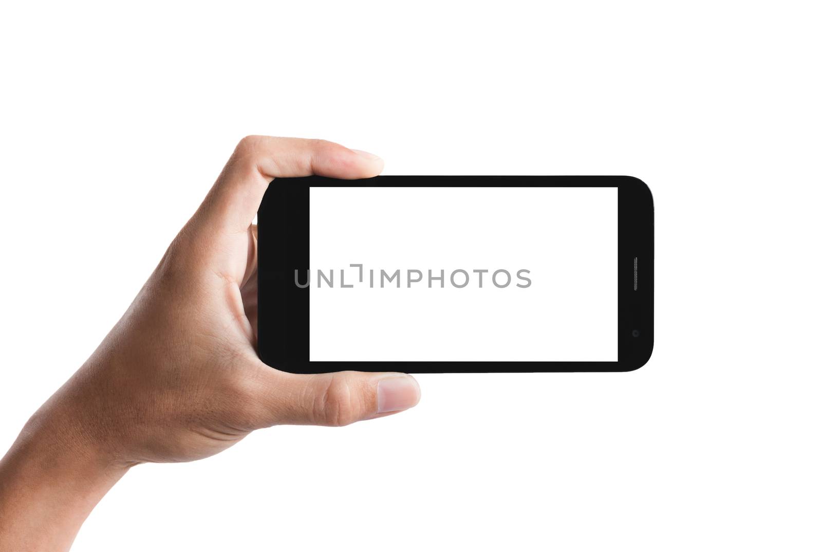 hand holding the smartphone isolated on white background.