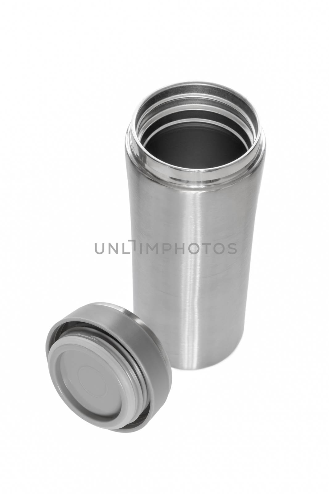 stainless thermos container for keep hot drink and cool drink isolated on white background.