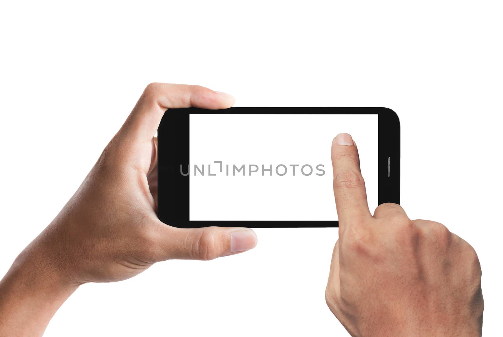 hand holding the smartphone isolated on white background.