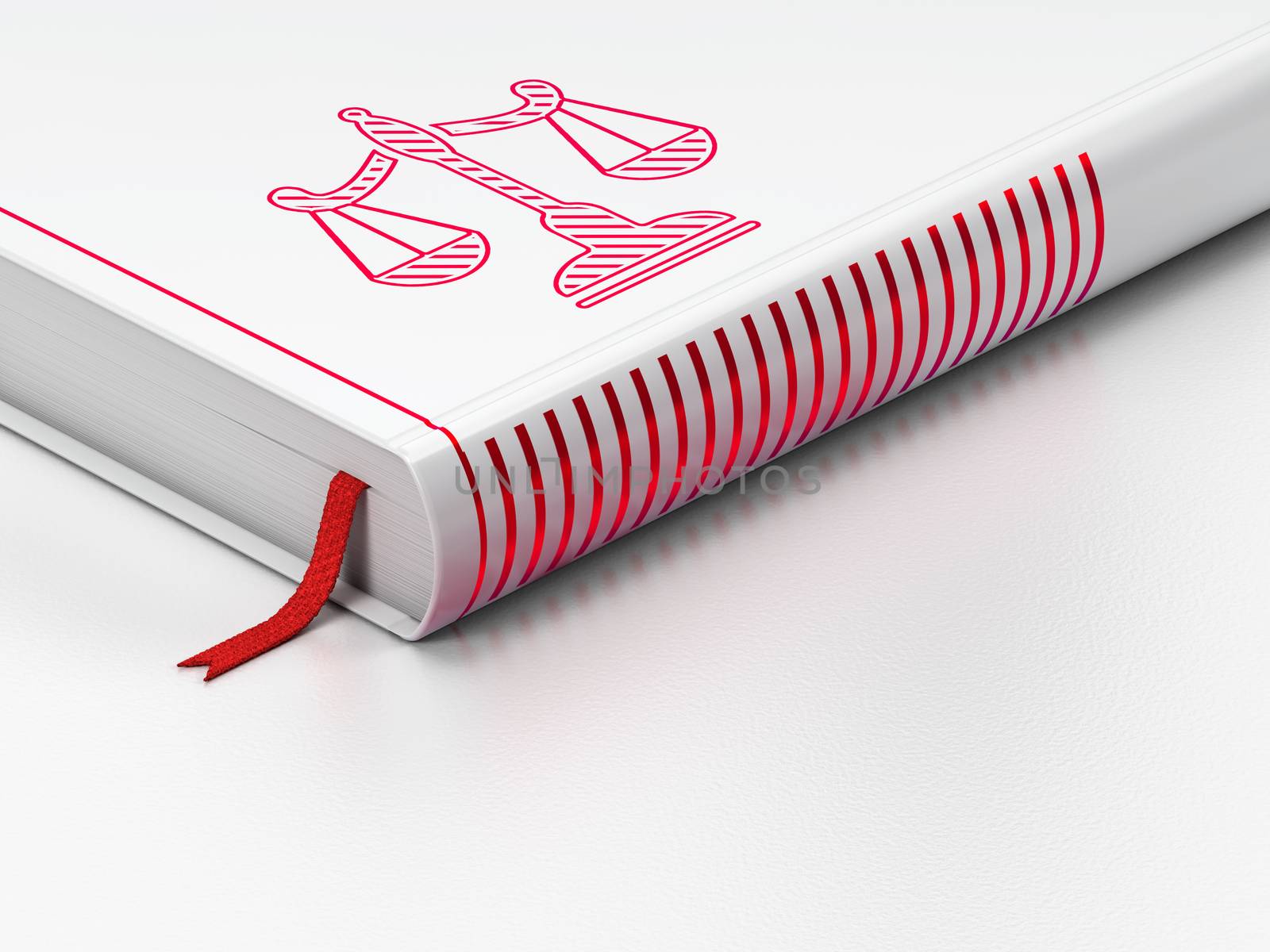 Law concept: closed book with Red Scales icon on floor, white background, 3d render