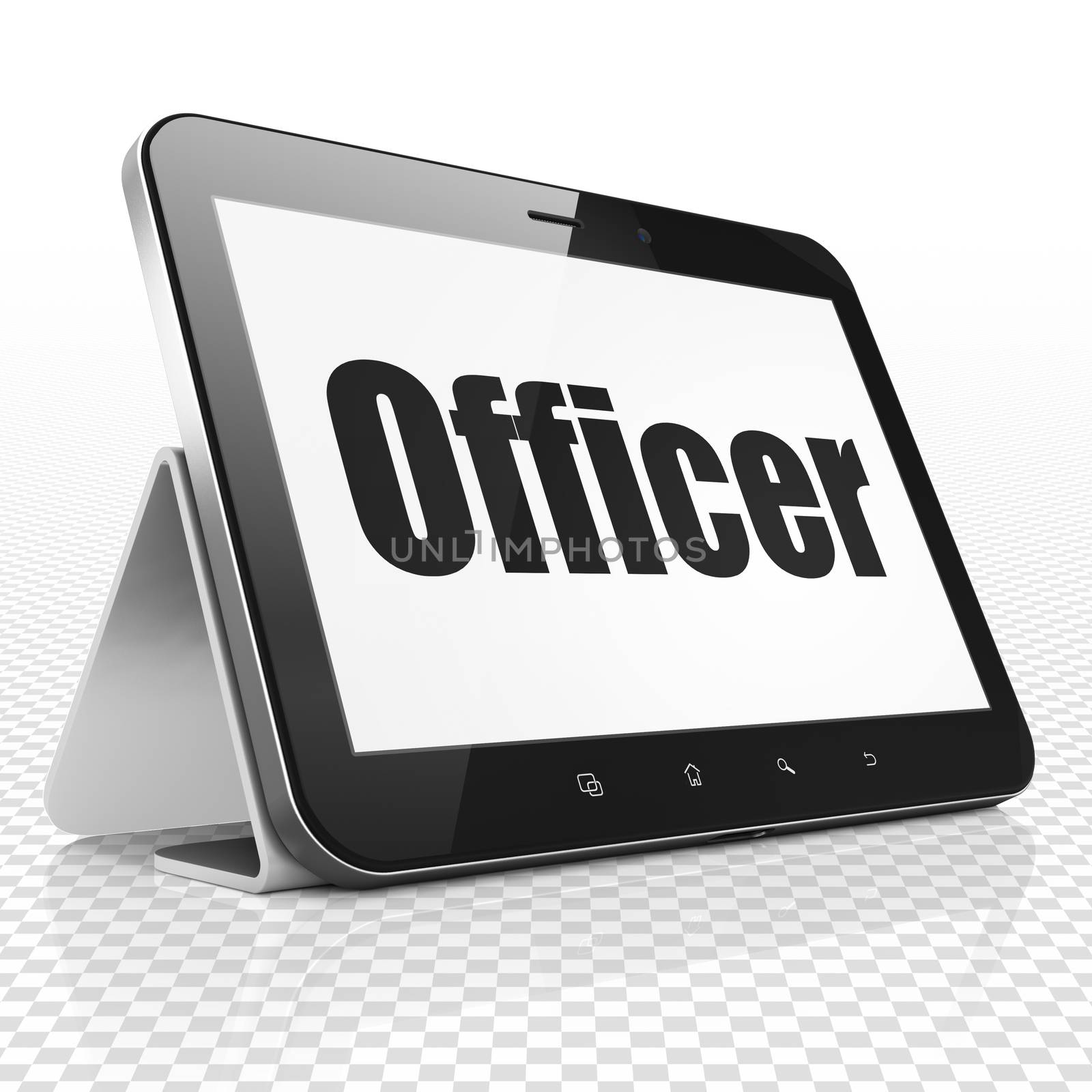 Law concept: Tablet Computer with black text Officer on display