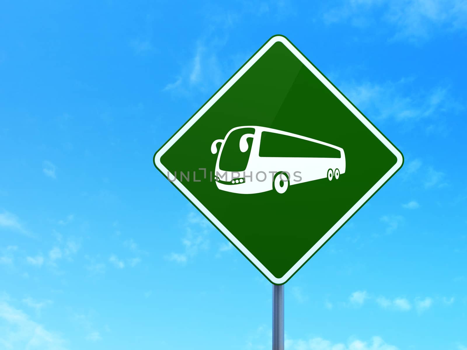Travel concept: Bus on green road highway sign, clear blue sky background, 3d render