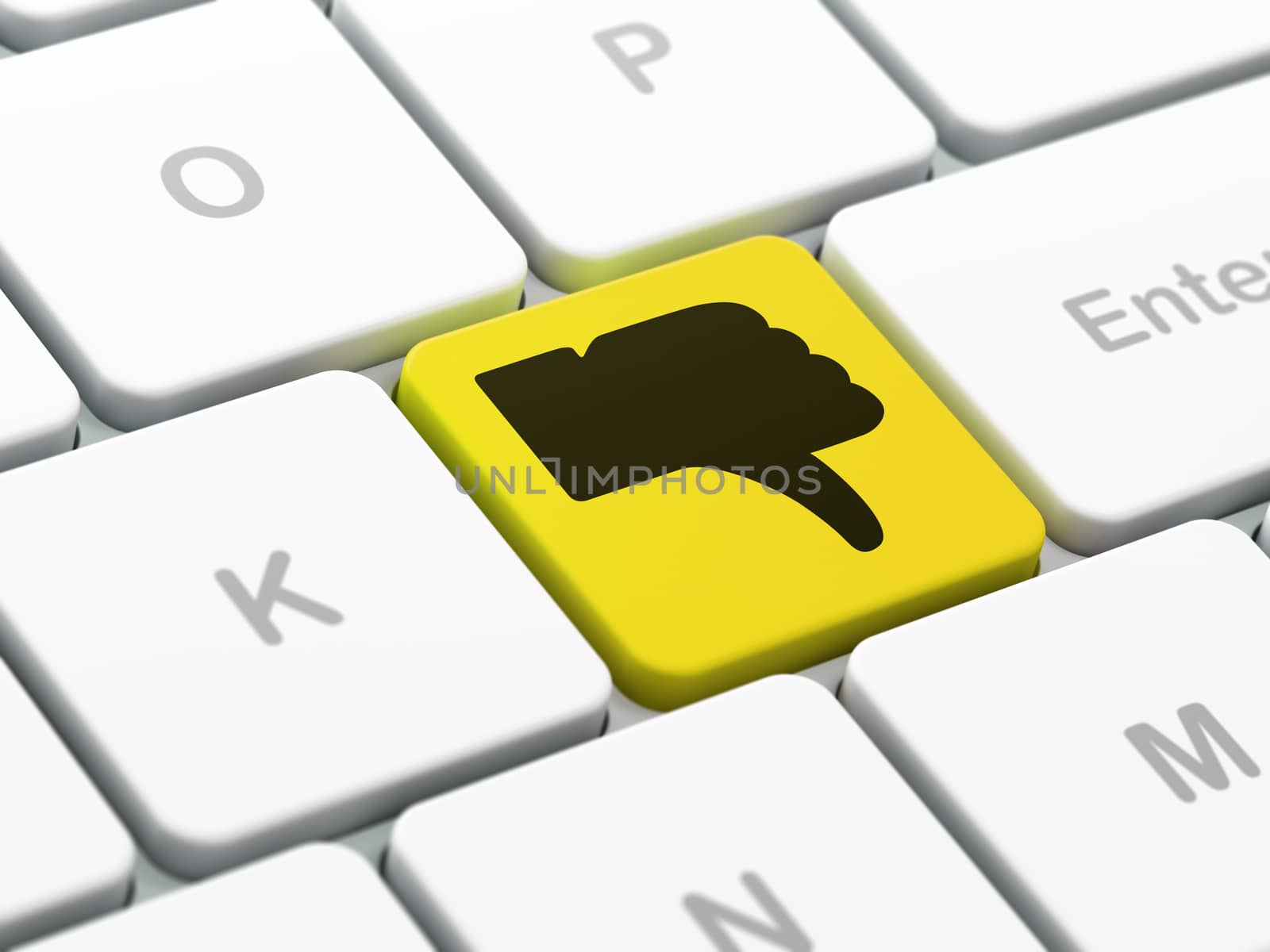 Social network concept: computer keyboard with Thumb Down icon on enter button background, selected focus, 3d render