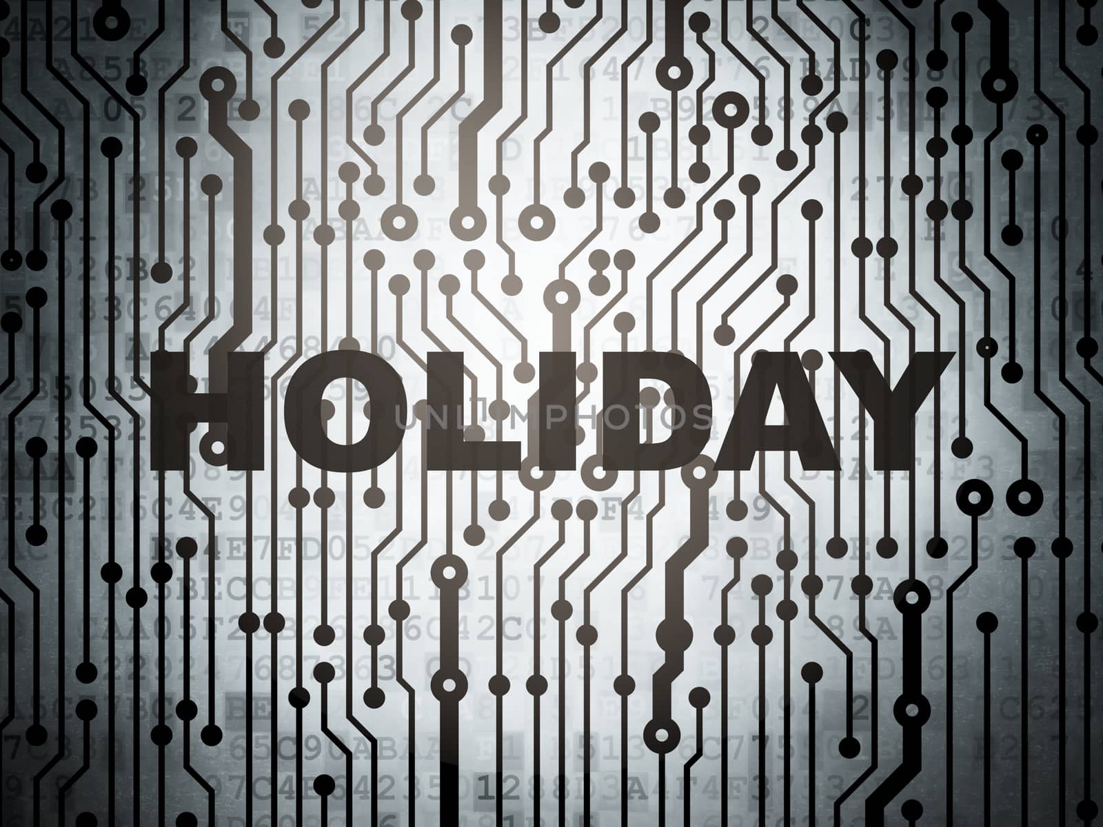 Holiday concept: circuit board with  word Holiday, 3d render