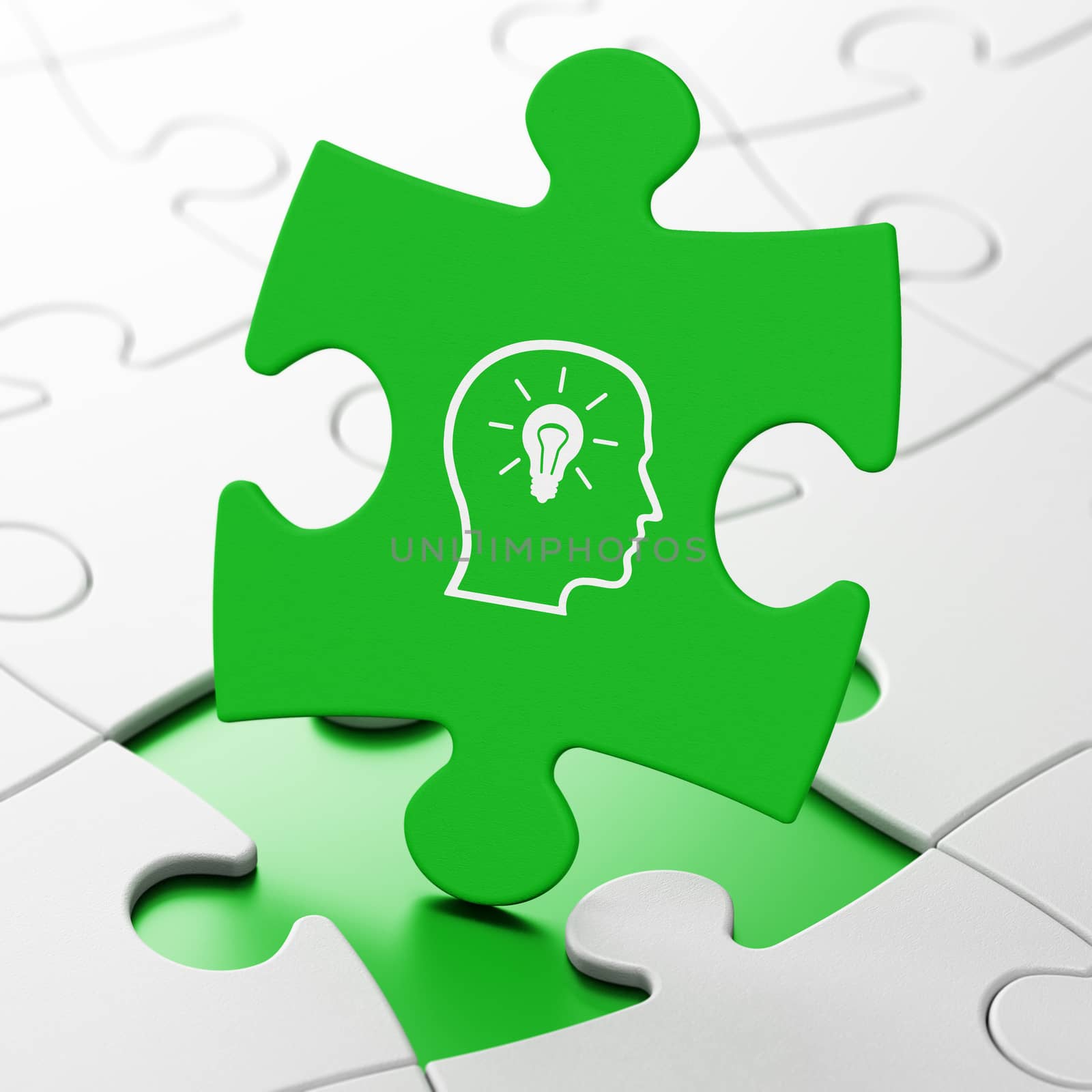 Education concept: Head With Lightbulb on Green puzzle pieces background, 3d render