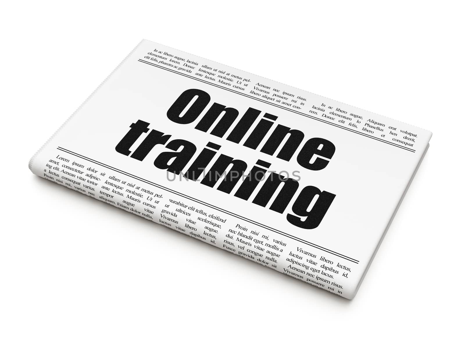 Studying concept: newspaper headline Online Training on White background, 3d render