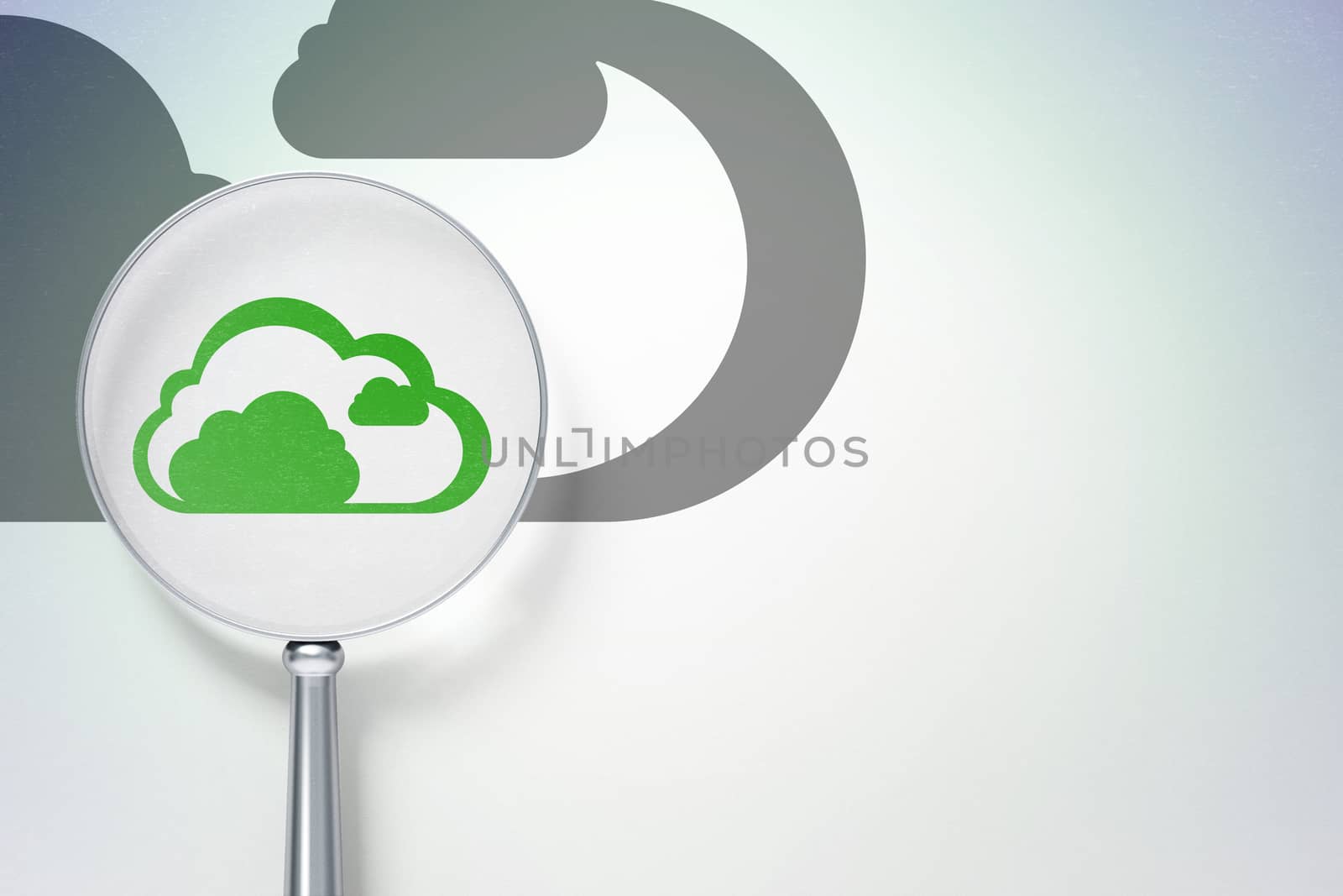 Cloud networking concept: magnifying optical glass with Cloud icon on digital background, empty copyspace for card, text, advertising