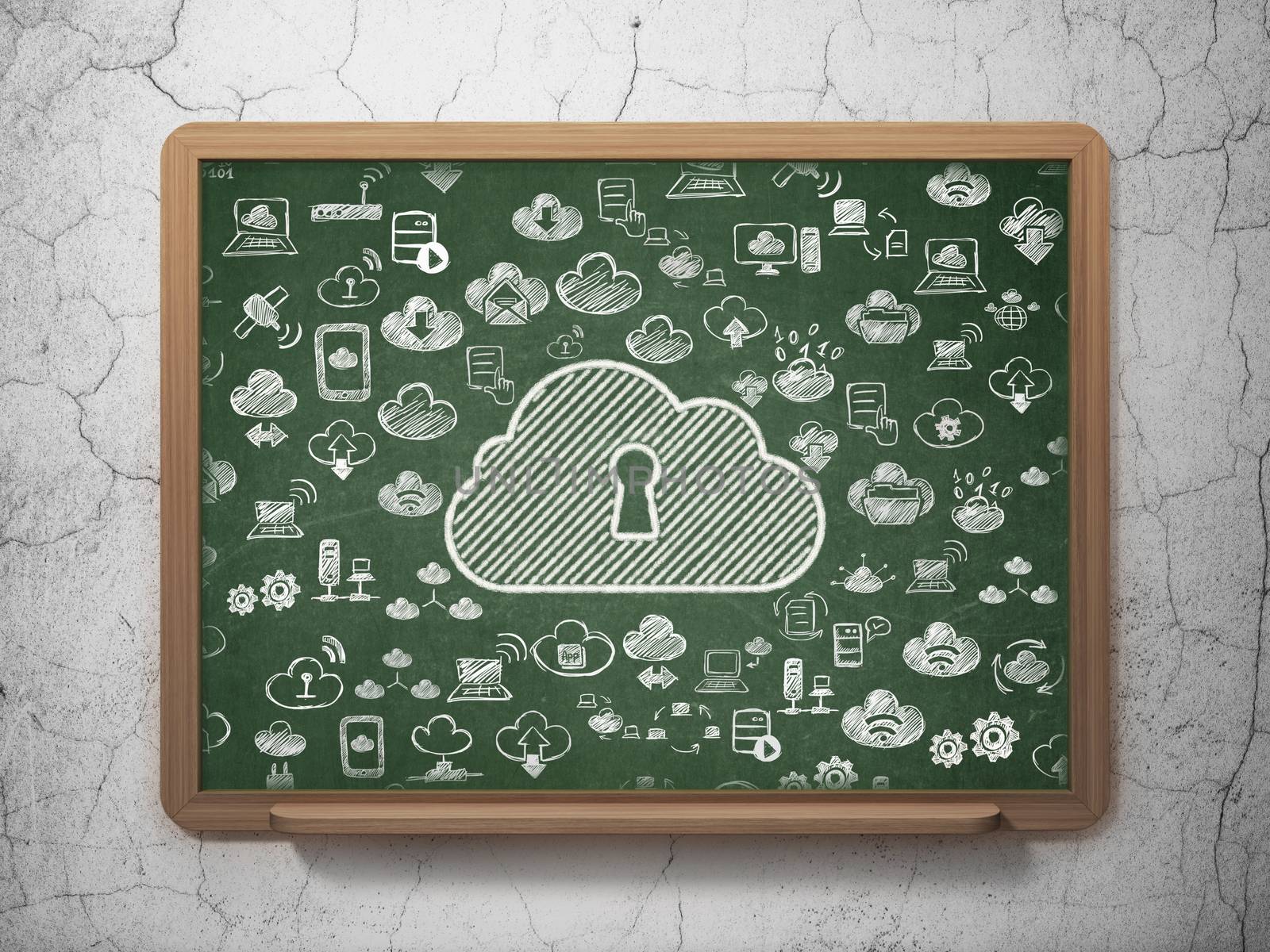 Cloud networking concept: Chalk White Cloud With Keyhole icon on School Board background with  Hand Drawn Cloud Technology Icons