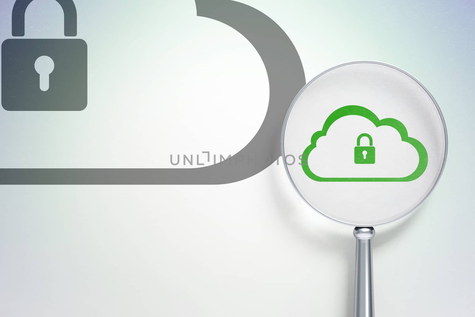 Cloud computing concept: magnifying optical glass with Cloud With Padlock icon on digital background, empty copyspace for card, text, advertising