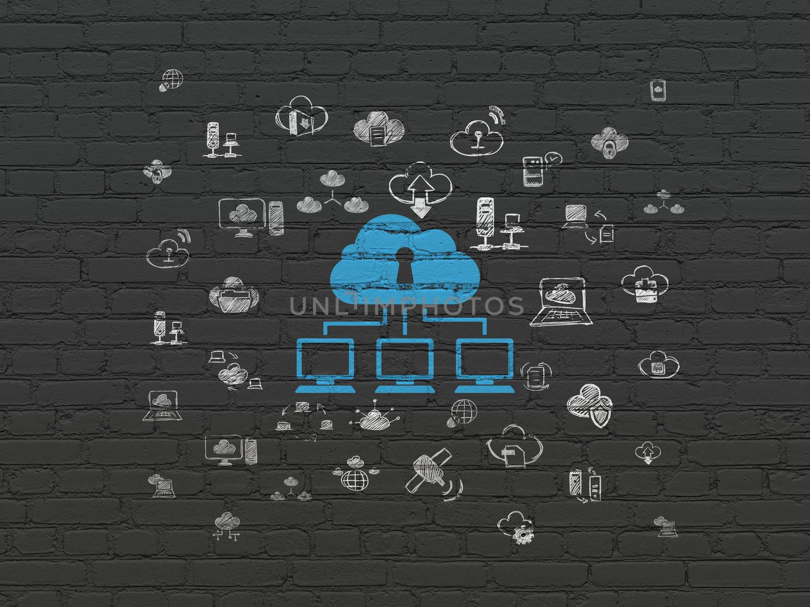 Cloud computing concept: Painted blue Cloud Network icon on Black Brick wall background with  Hand Drawn Cloud Technology Icons