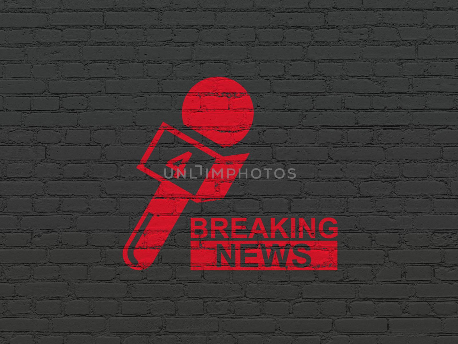 News concept: Painted red Breaking News And Microphone icon on Black Brick wall background