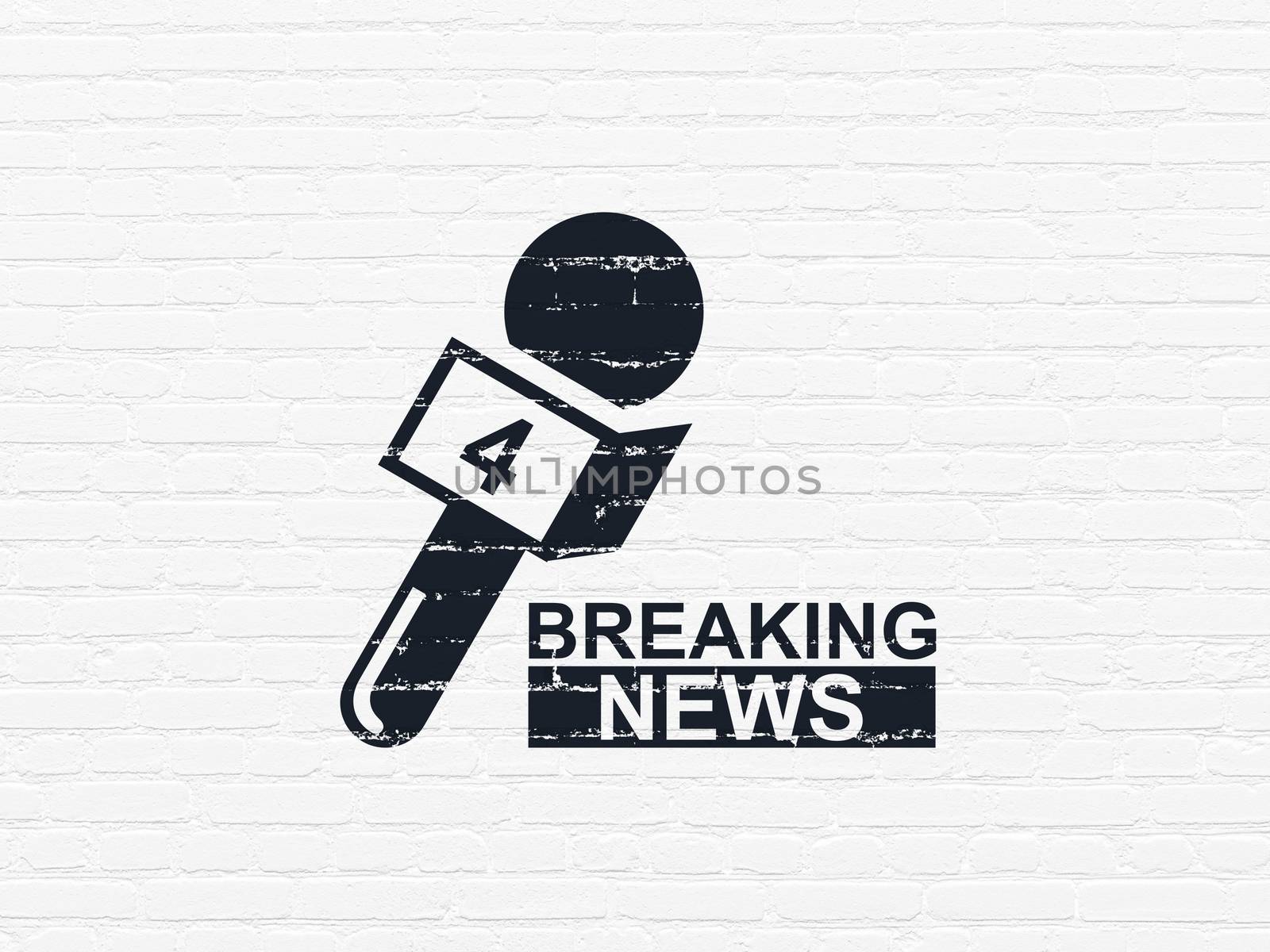 News concept: Painted black Breaking News And Microphone icon on White Brick wall background