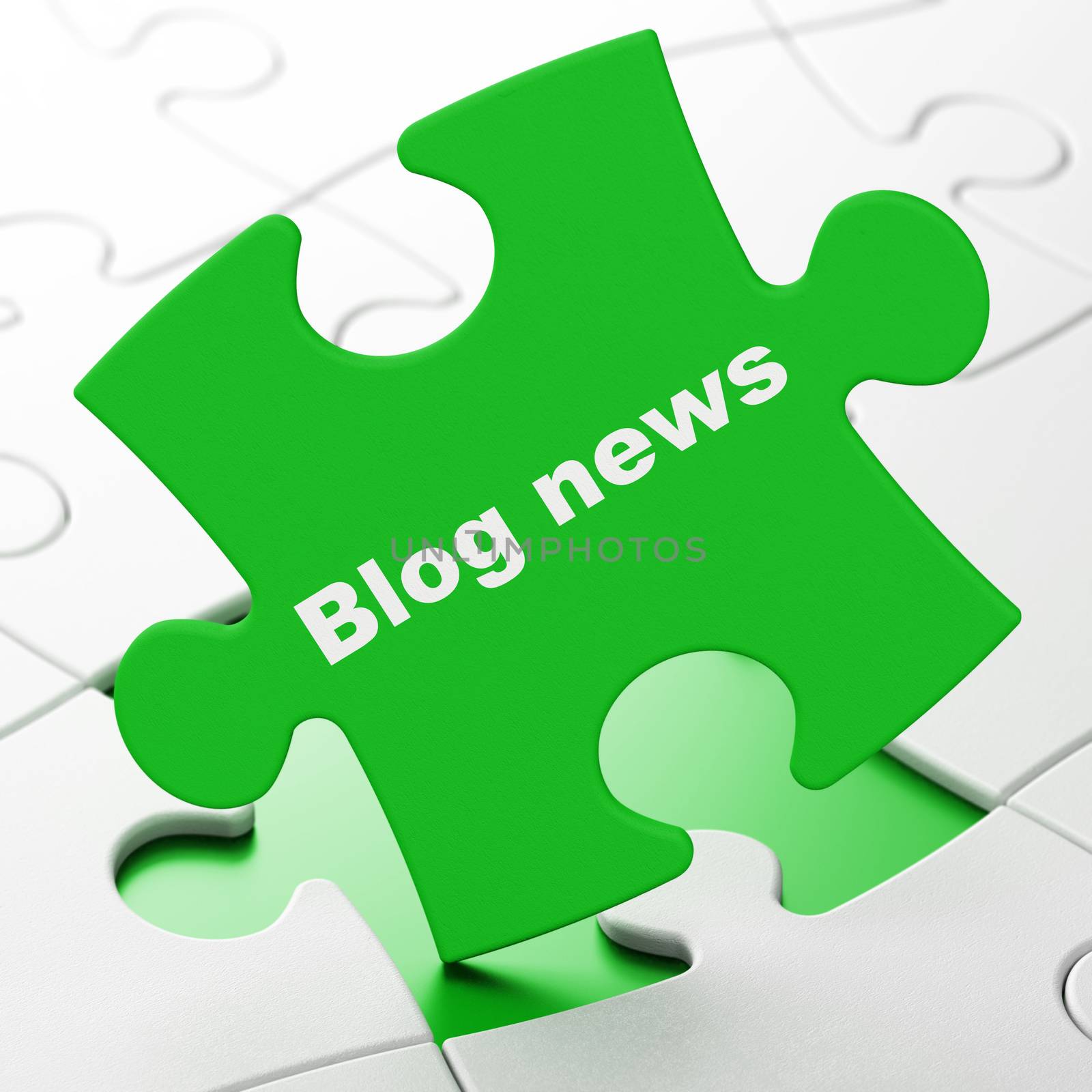 News concept: Blog News on Green puzzle pieces background, 3d render
