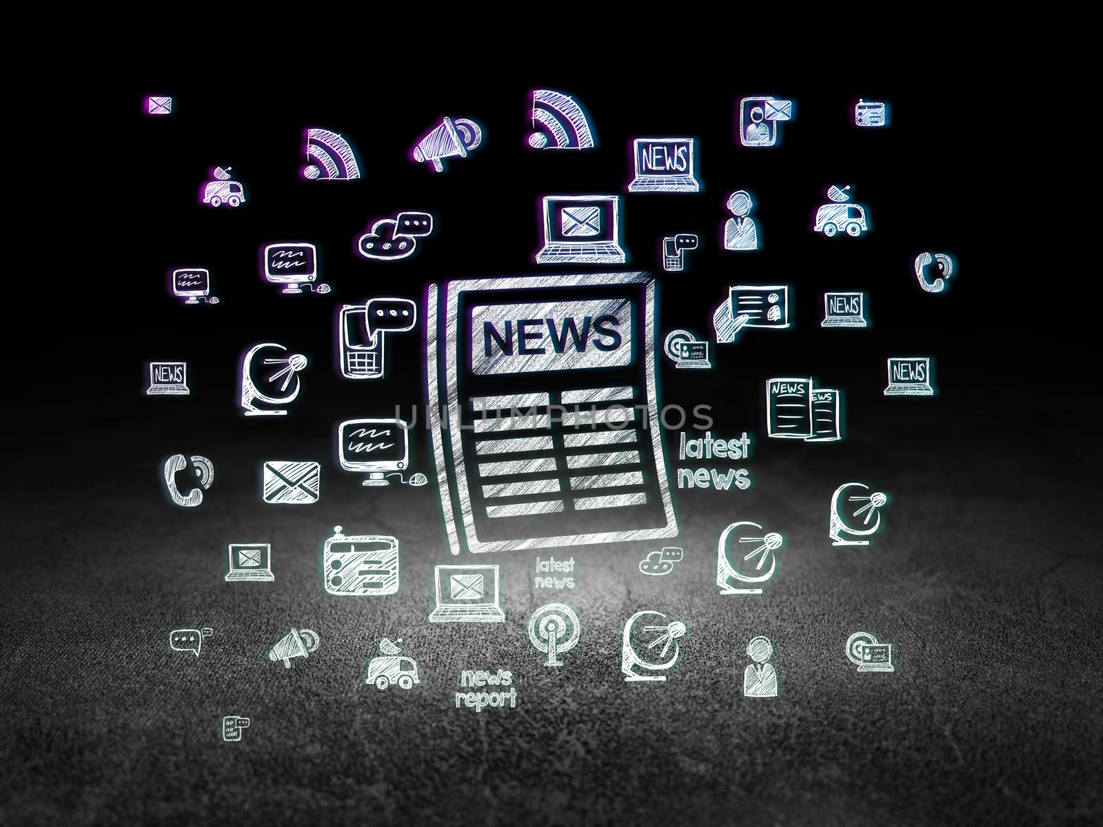 News concept: Glowing Newspaper icon in grunge dark room with Dirty Floor, black background with  Hand Drawn News Icons