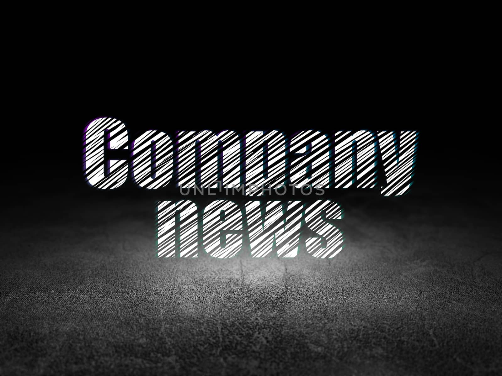 News concept: Glowing text Company News in grunge dark room with Dirty Floor, black background