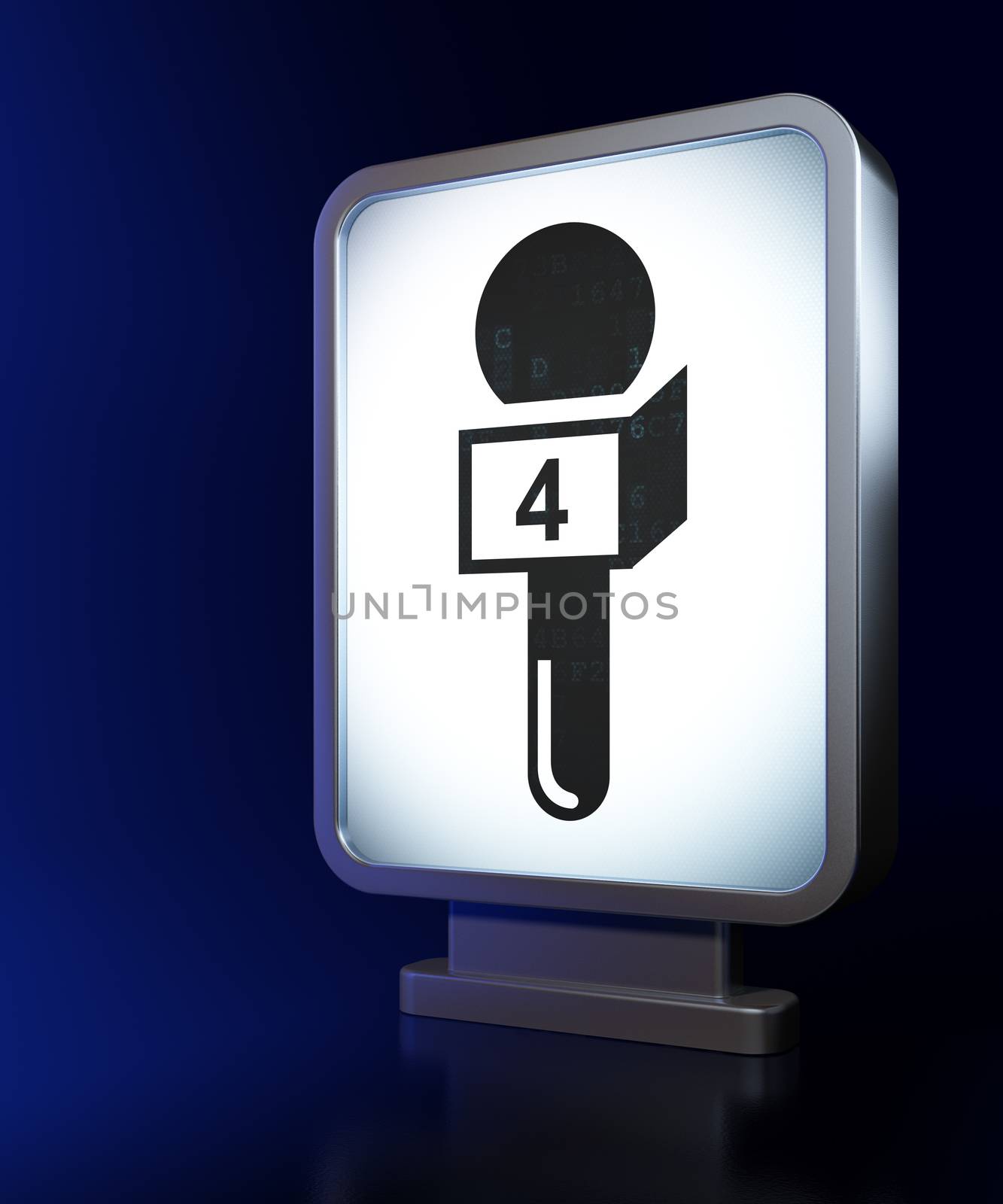 News concept: Microphone on advertising billboard background, 3d render