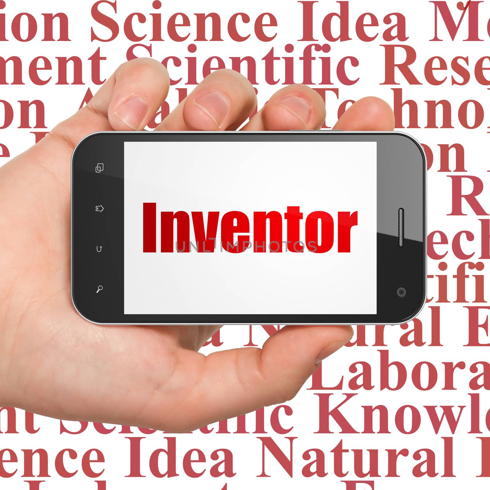 Science concept: Hand Holding Smartphone with  red text Inventor on display,  Tag Cloud background