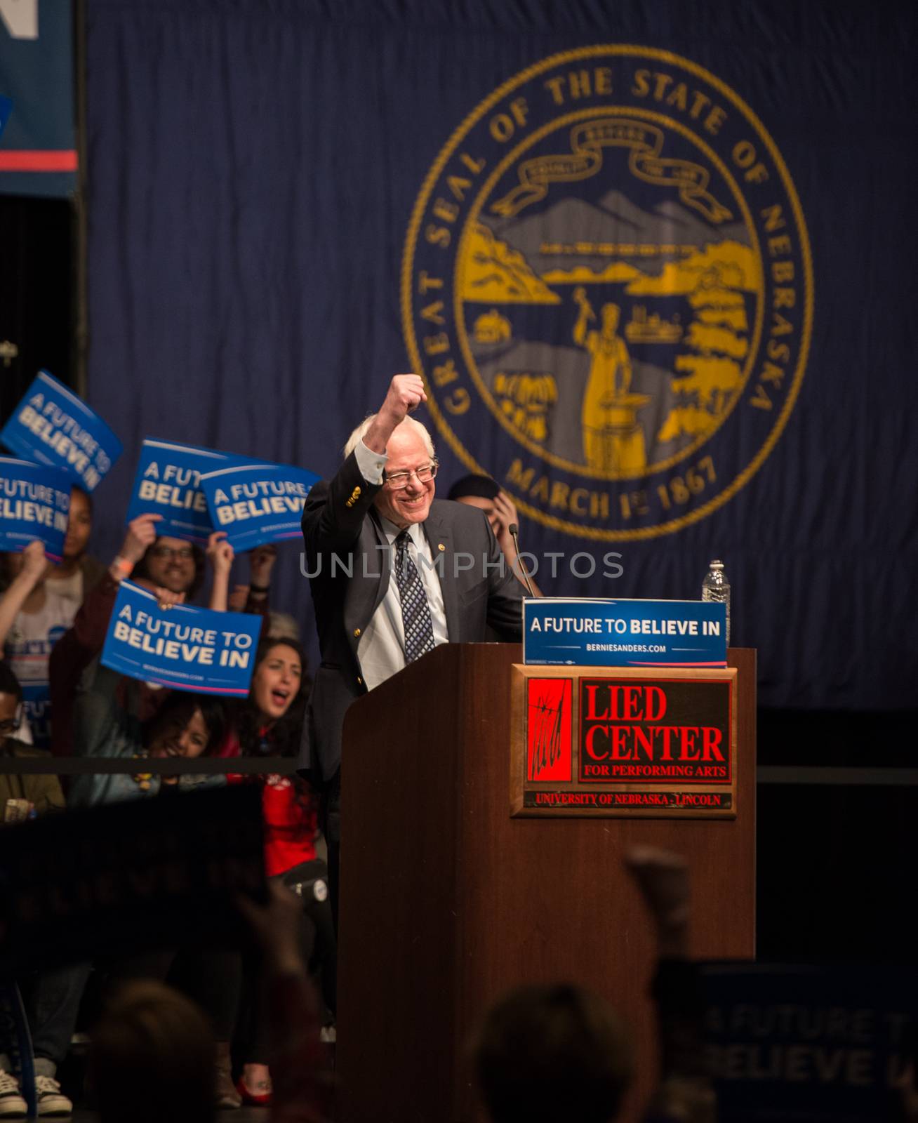 UNITED STATES, Lincoln: Democratic primaries candidate Bernie Sanders addresses a packed crowd at the Lied Center in Lincoln, Nebraska on March 21, 2015. The venue was at capacity with over 1000 more outside the venue. 