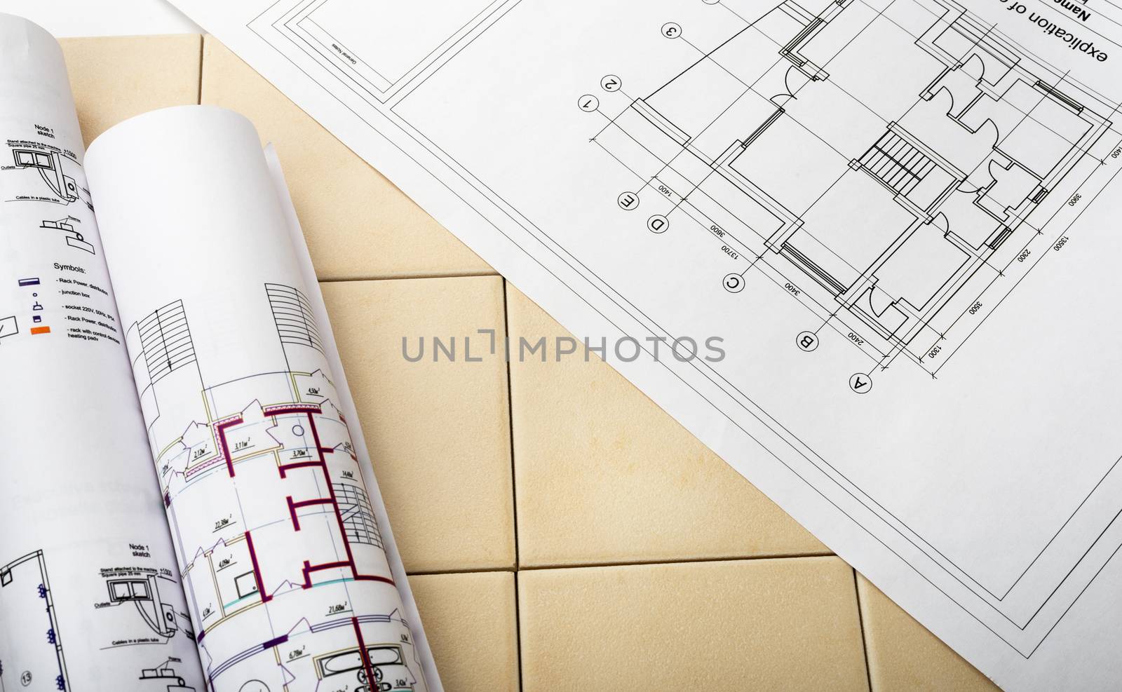 Set of tiles and tile wall with blueprints. Building concept