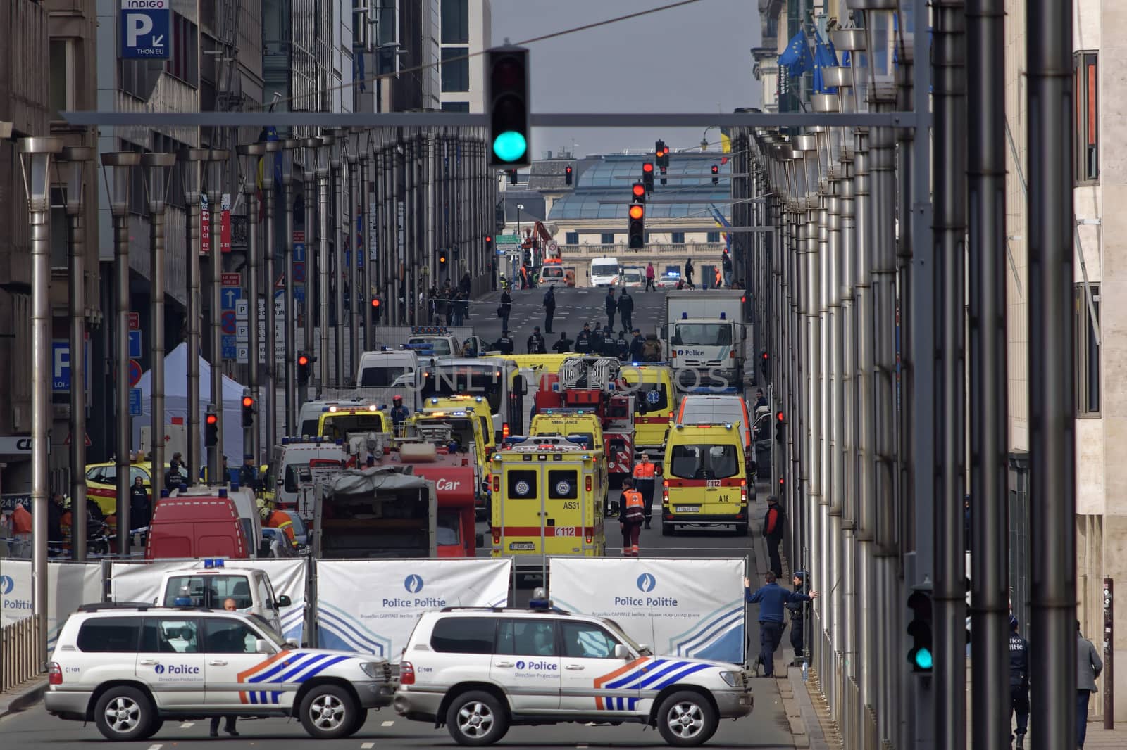 BELGIUM, Brussels: Police and emergency vehicles are pictured near Maelbeek station in Brussels, which has been evacuated after an explosion on March 22, 2016. Brussels' public transport company STIB-MIVB has confirmed 15 deaths and 55 injured people after an explosion at the Maelbeek - Maalbeek subway station. This morning at least 13 people have been killed after two explosions in the departure hall of Brussels Airport in Zaventem. Government sources speak of a terrorist attack. The terrorist threat level has been heightened to four across the country.