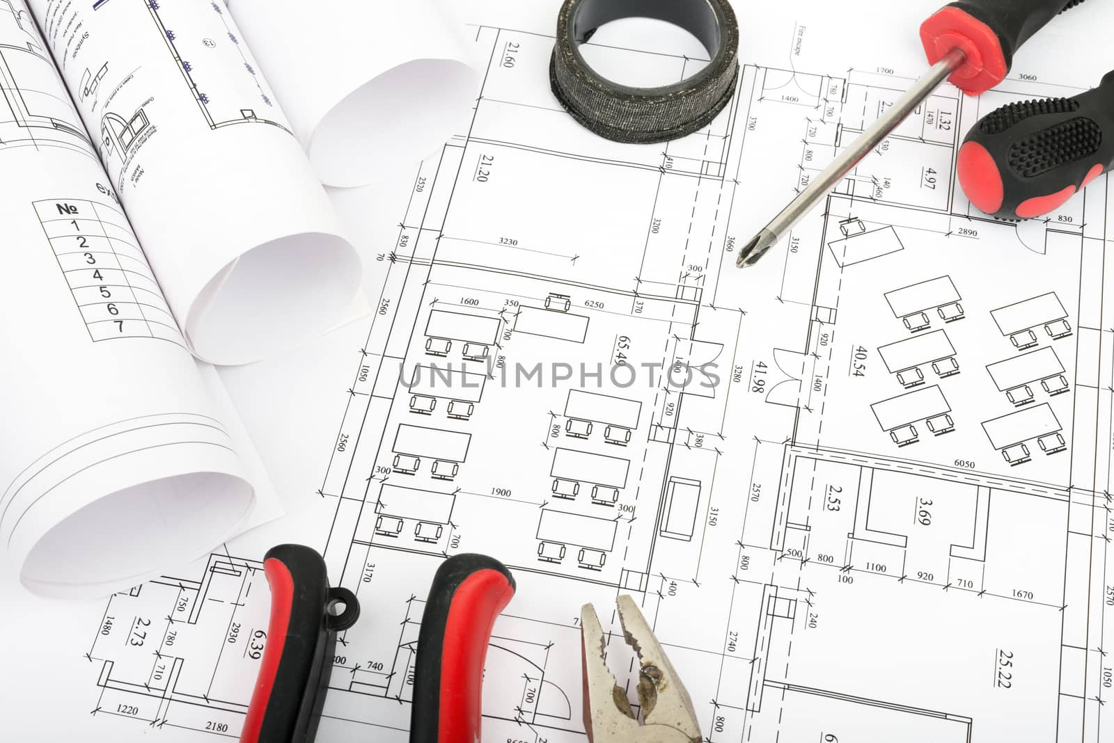 Architecture plan and rolls of blueprints by cherezoff