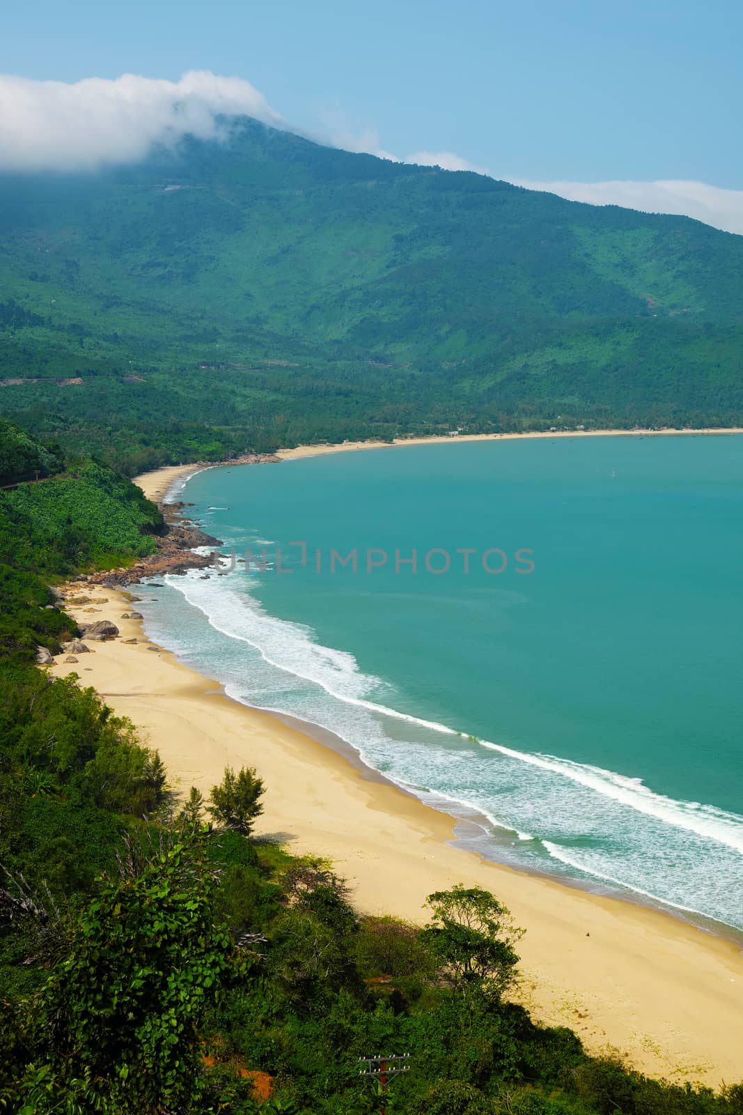 Beautiful landscape of Lang Co beach from Hai Van mountain pass, wonderful shape of nature with green jungle, place for eco travel at Hue, Vietnam is country of sea with long seaside