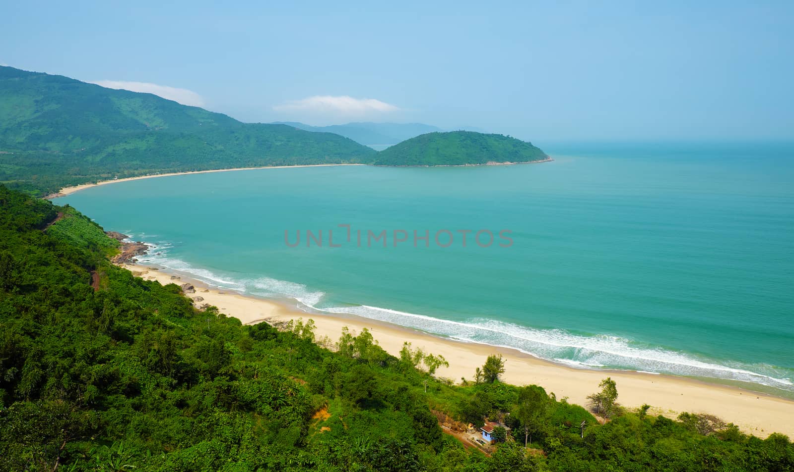 Beautiful landscape of Lang Co beach from Hai Van mountain pass, wonderful shape of nature with green jungle, place for eco travel at Hue, Vietnam is country of sea with long seaside