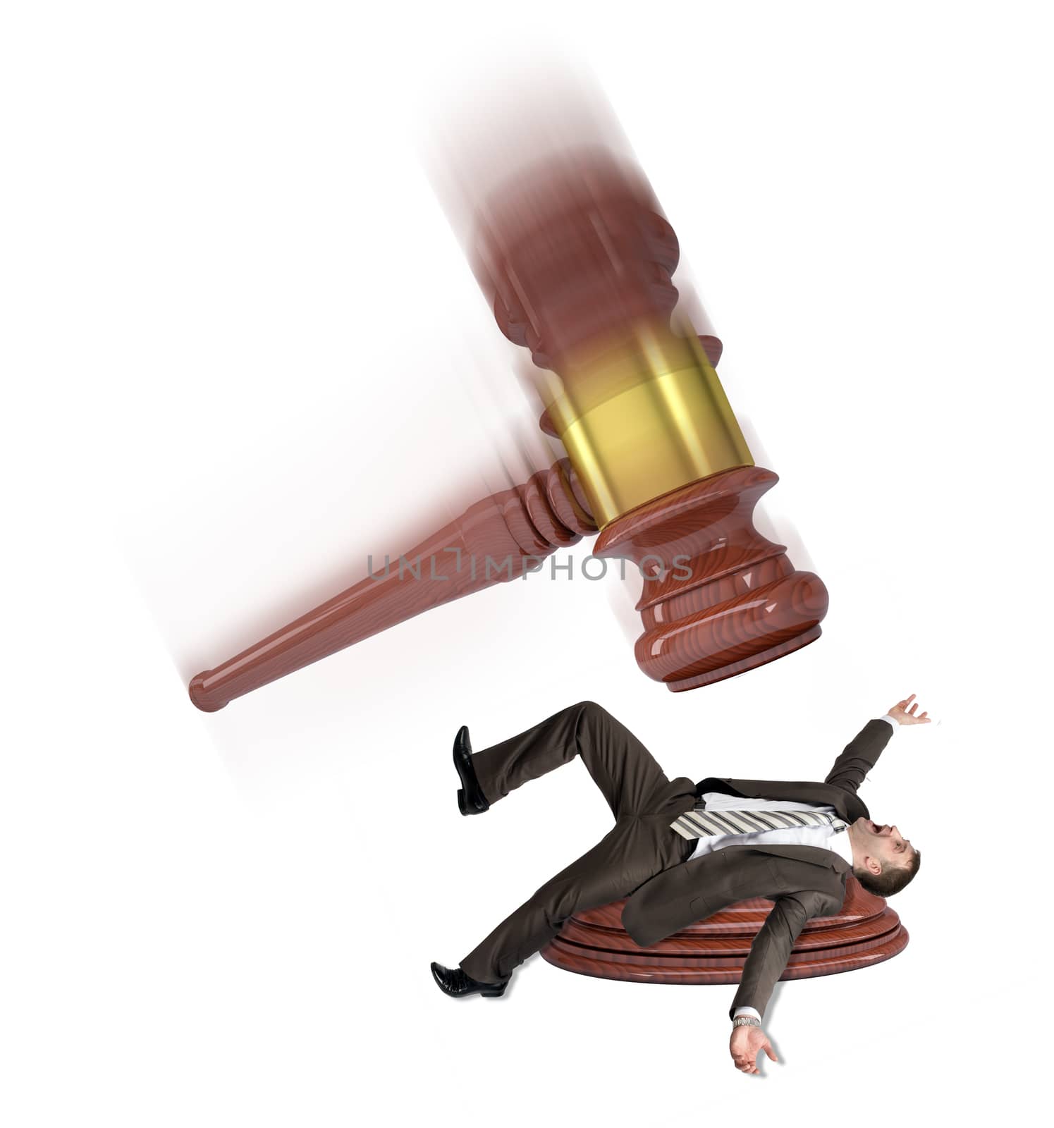 Inscribed gavel hitting scared businessman isolated on white background. Justice concept