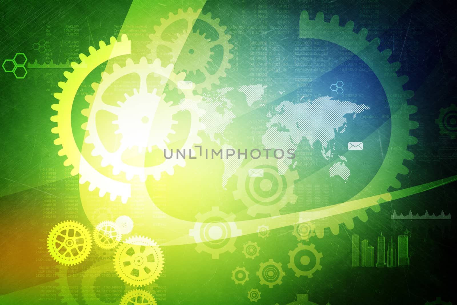 Set of mechanical gears and 3d city model on blue background