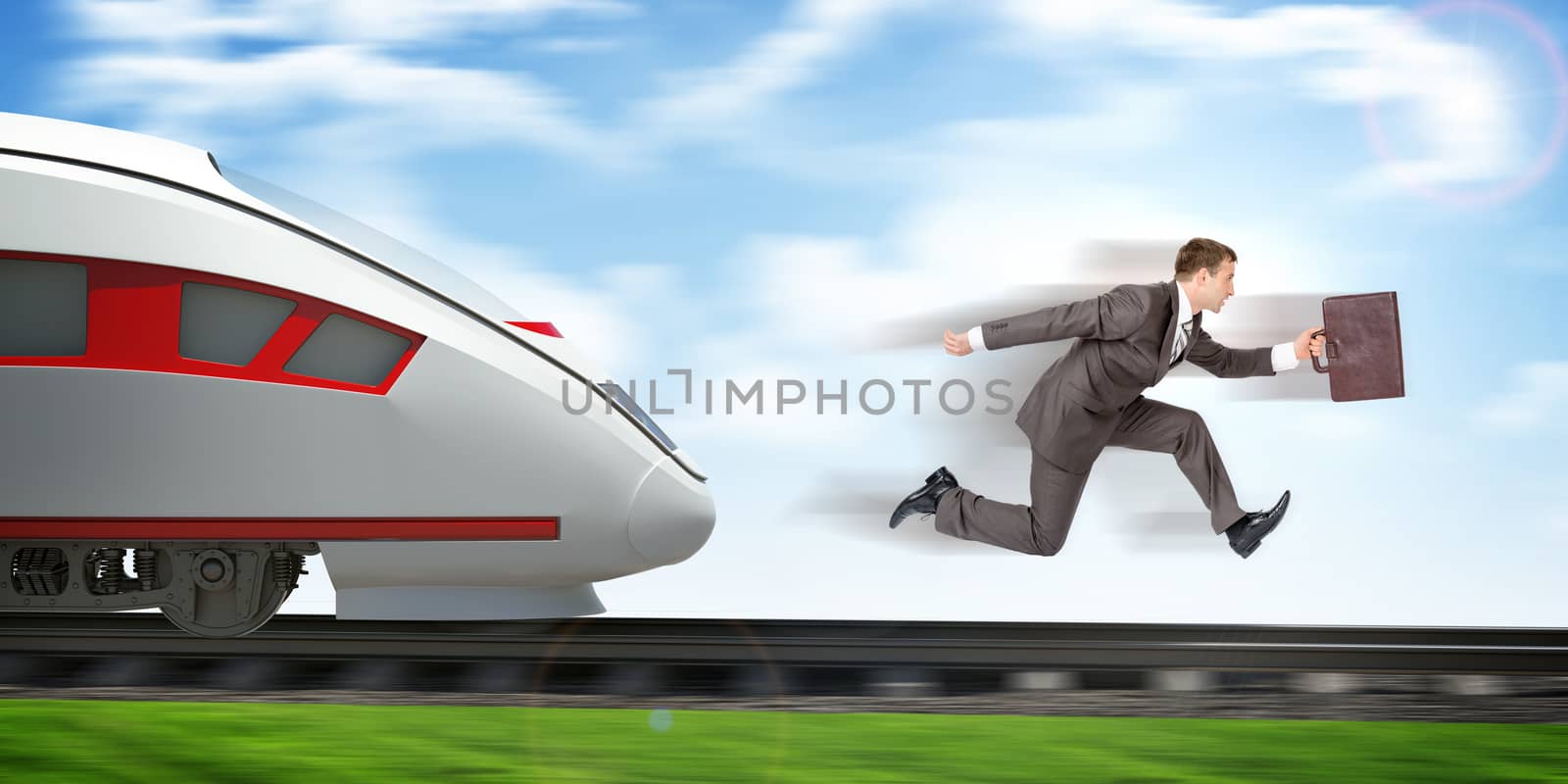 Businessman with suitcase running away from train